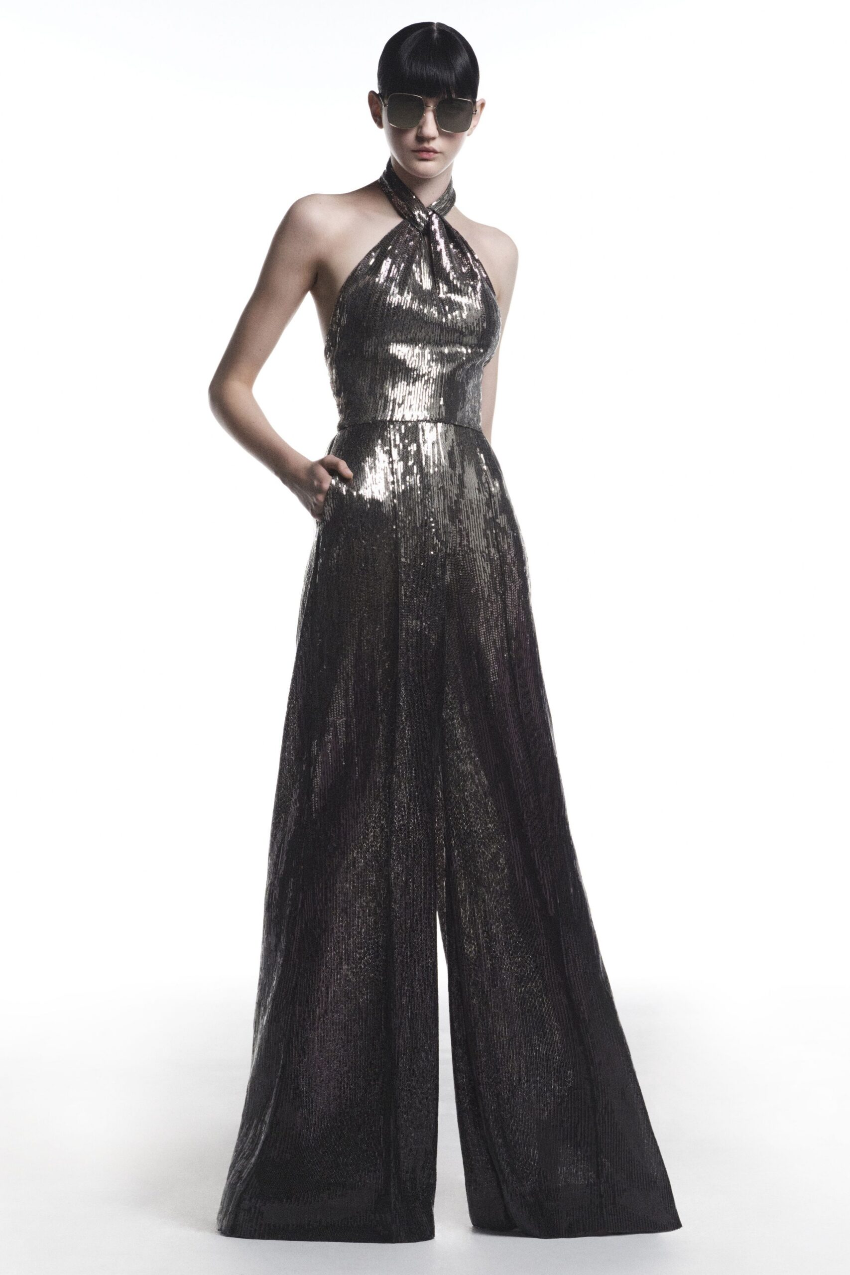 black sequin sleeveless halter fitted wide-leg pockets jumpsuit