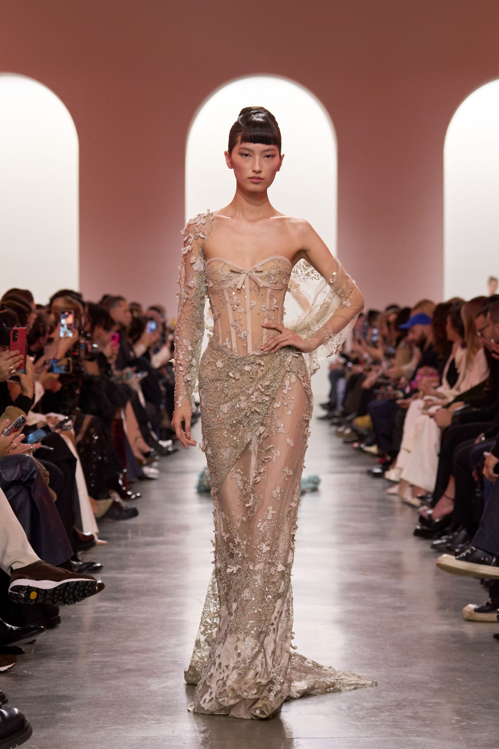 beige gold embroidered sheer gown