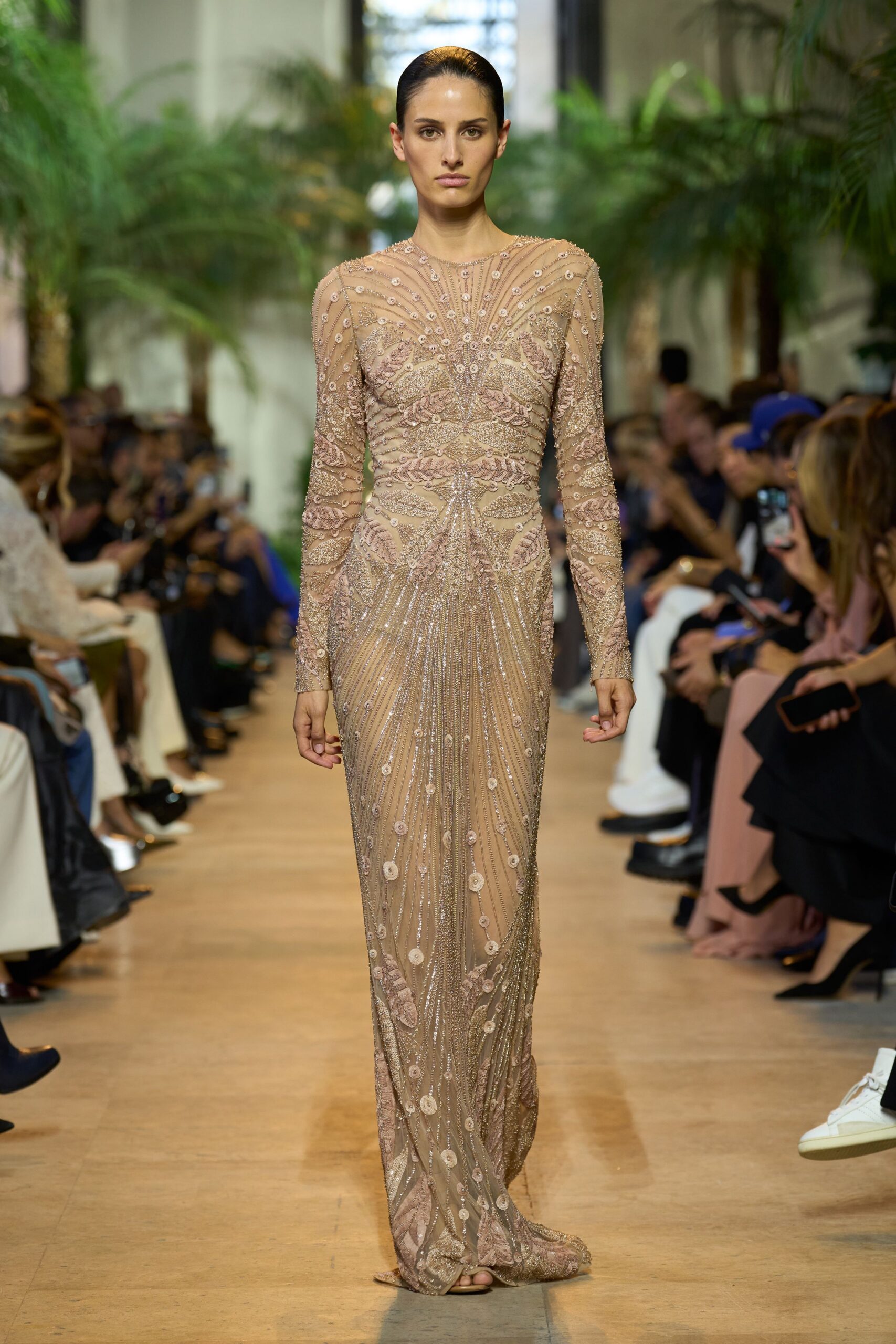 beige sequined long-sleeve gown