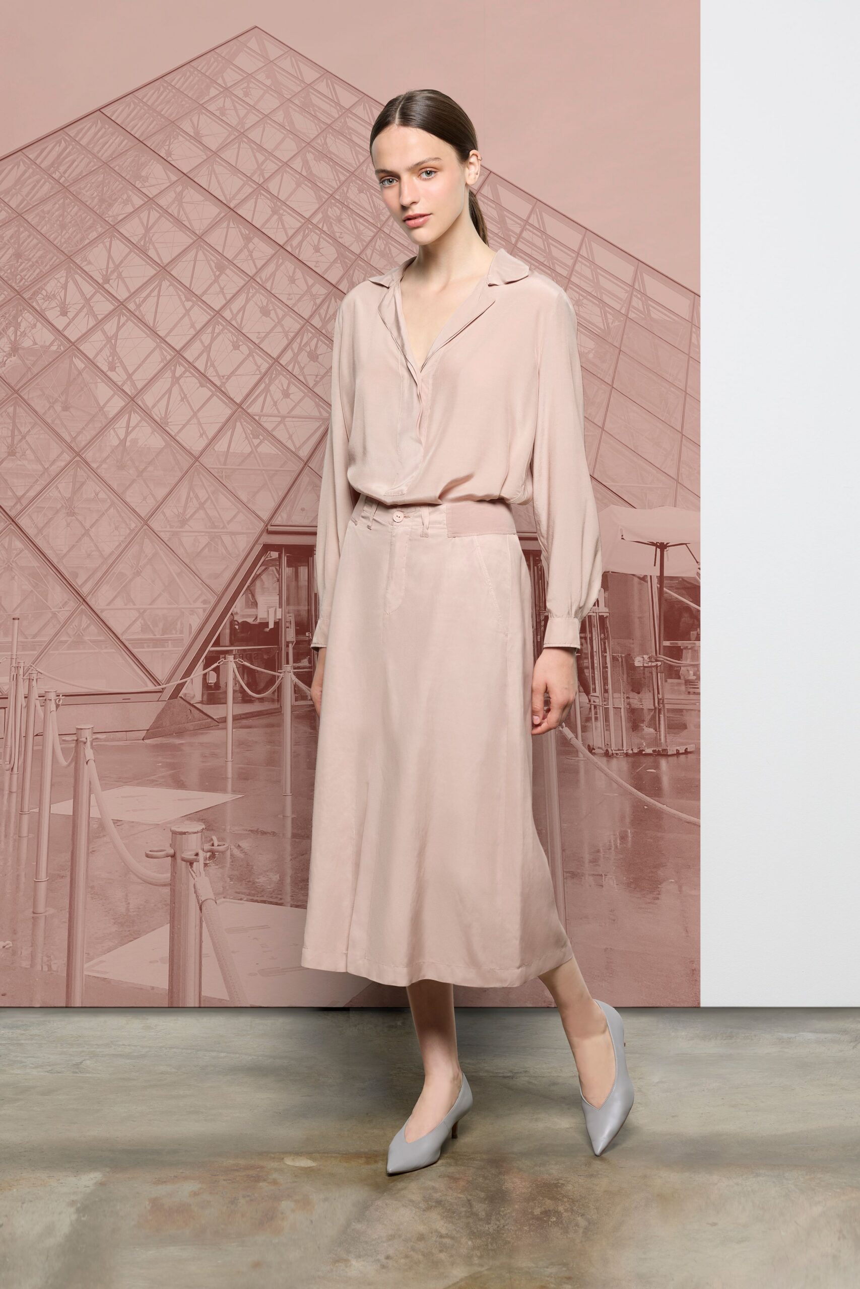beige silk long-sleeve collared relaxed buttoned belted shirt-dress