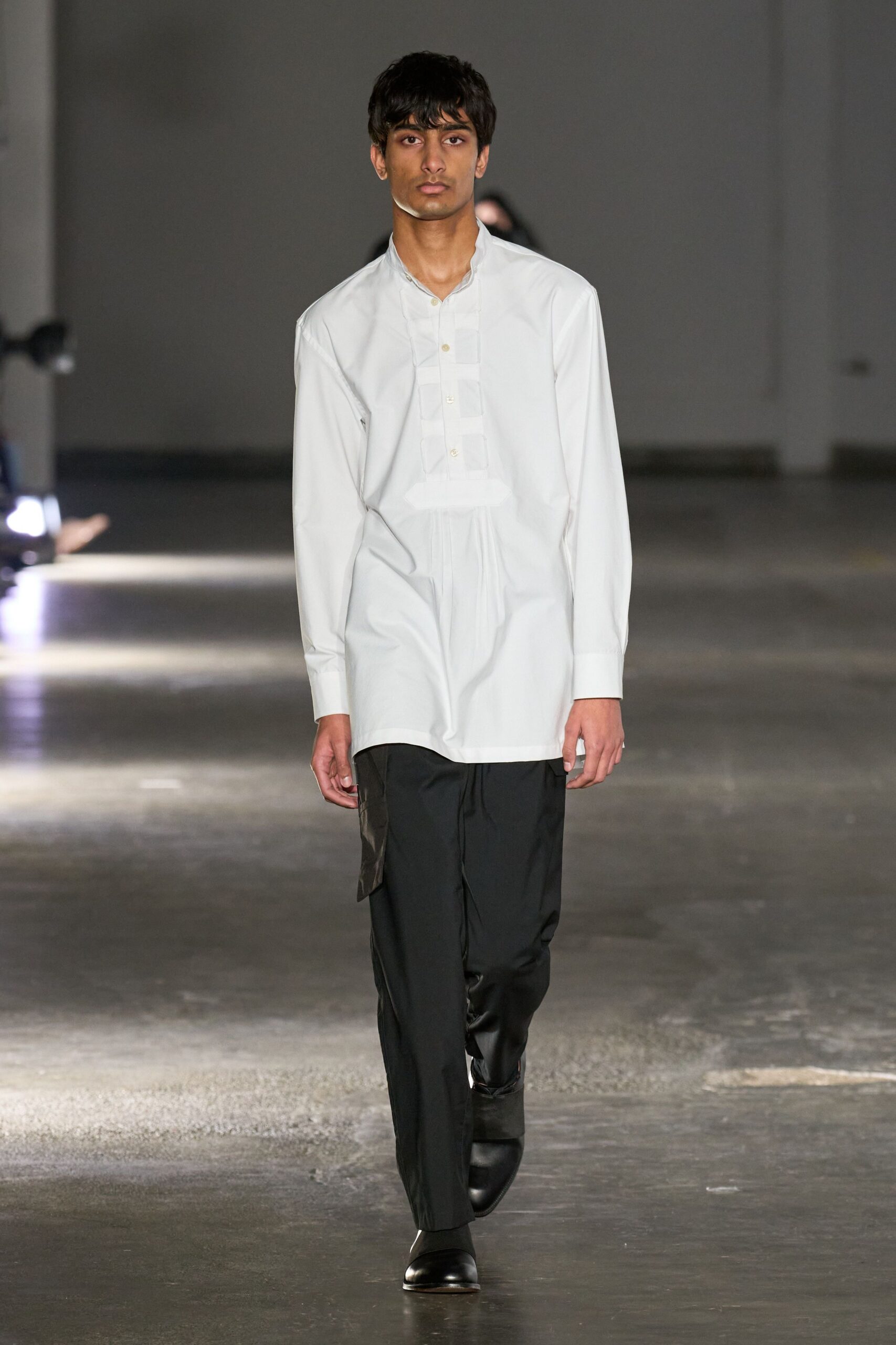 white fitted shirt black pants