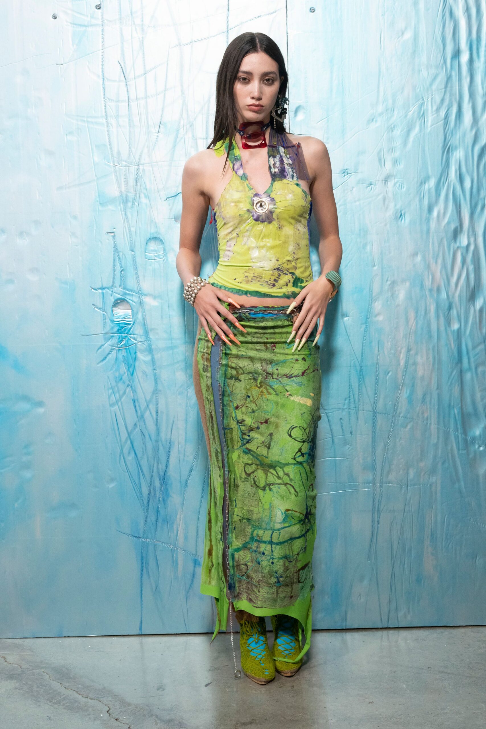 green silk sleeveless high-neck fitted printed draped dress