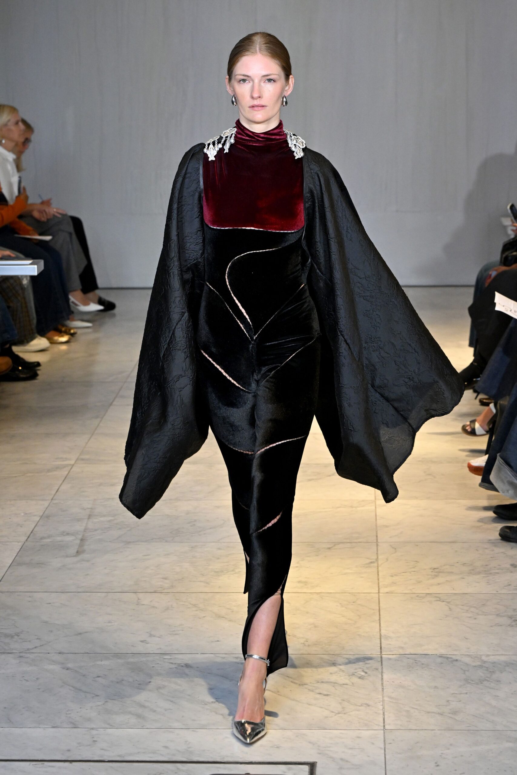 black silk long-sleeve high-neck fitted draped zippered gown