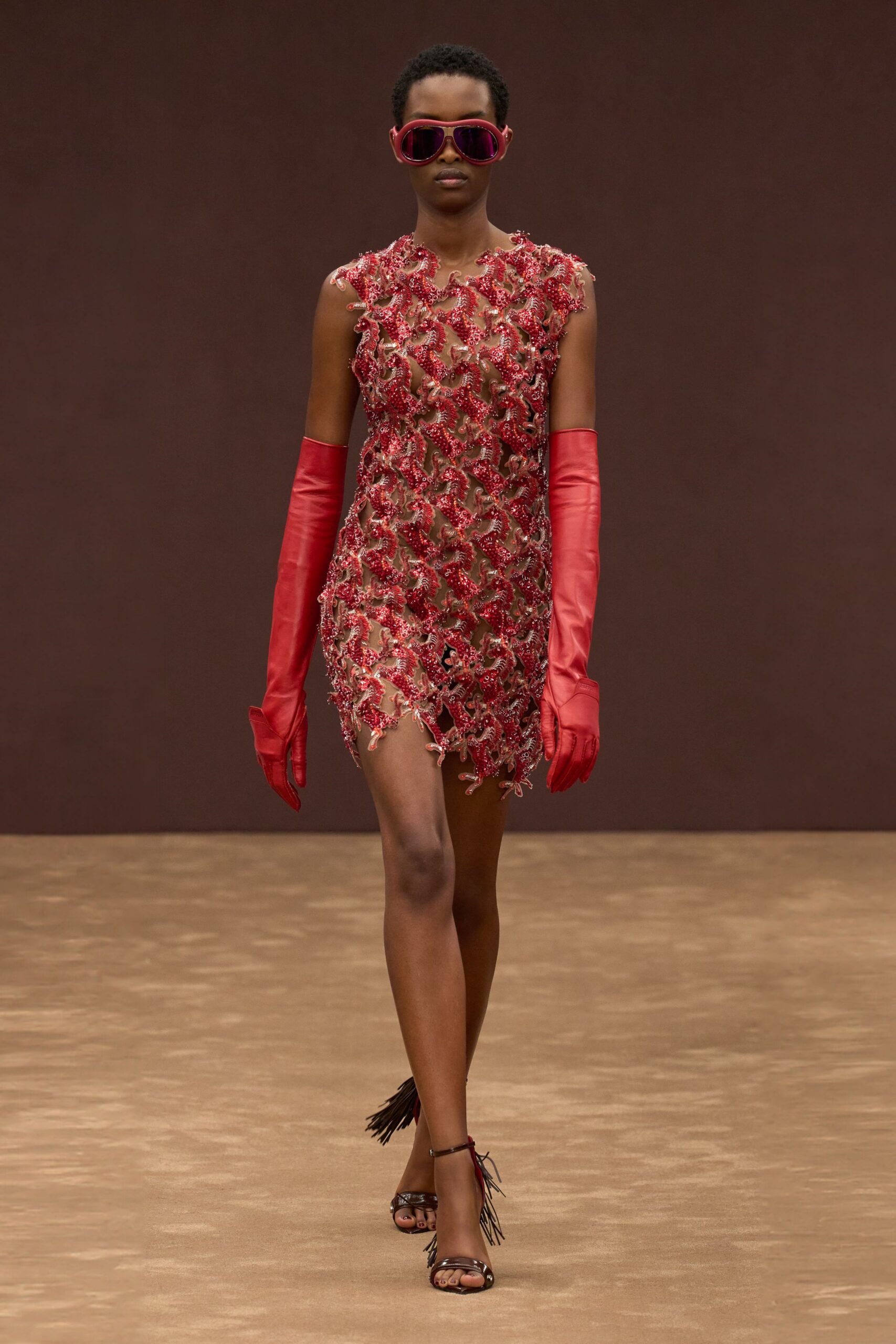 red lace sleeveless high-neck fitted embellished sheer dress