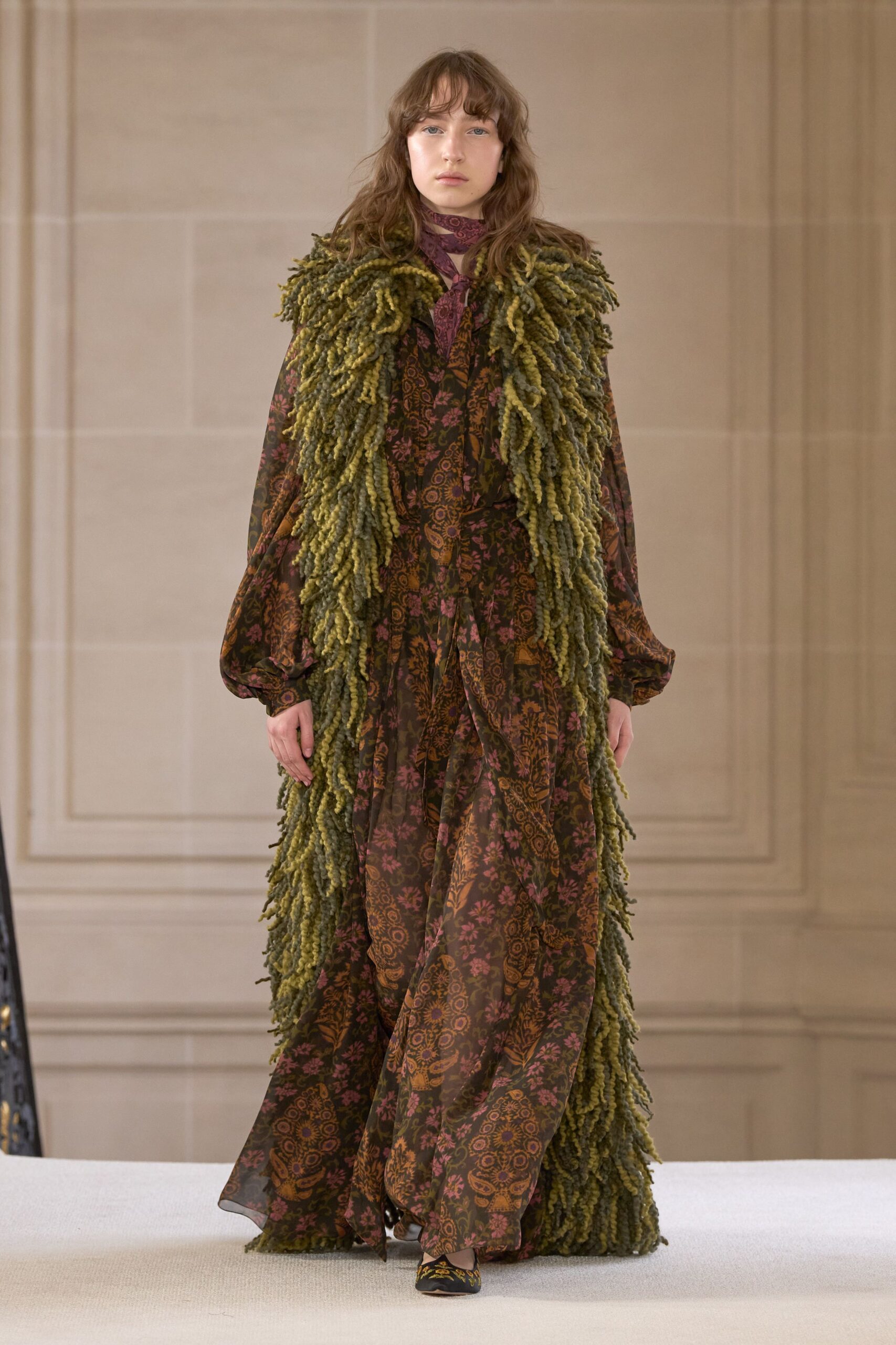 brown silk long-sleeve v-neck relaxed floral layered dress