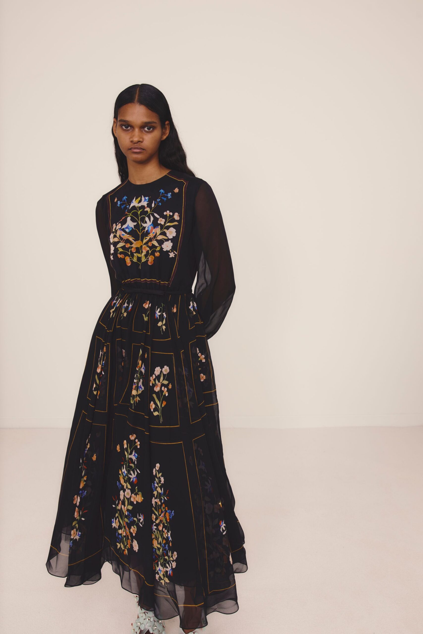 black silk embroidered gown