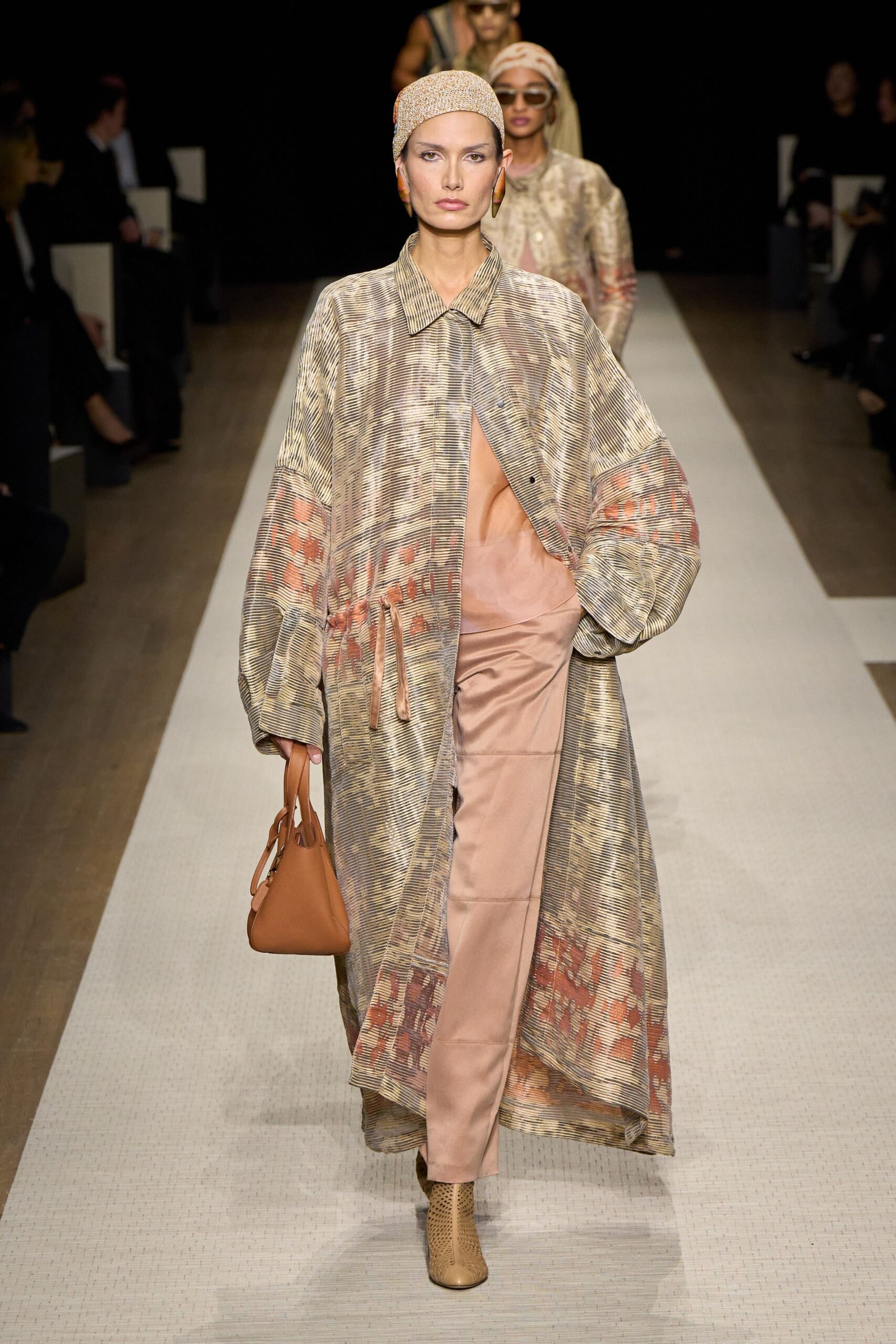 beige silk long-sleeve collared relaxed printed maxi coat