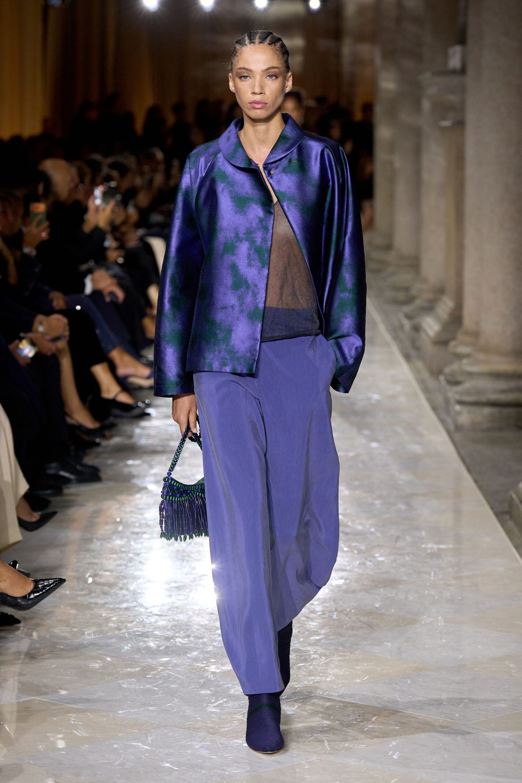 purple silk long-sleeve collared structured color-blocked jacket