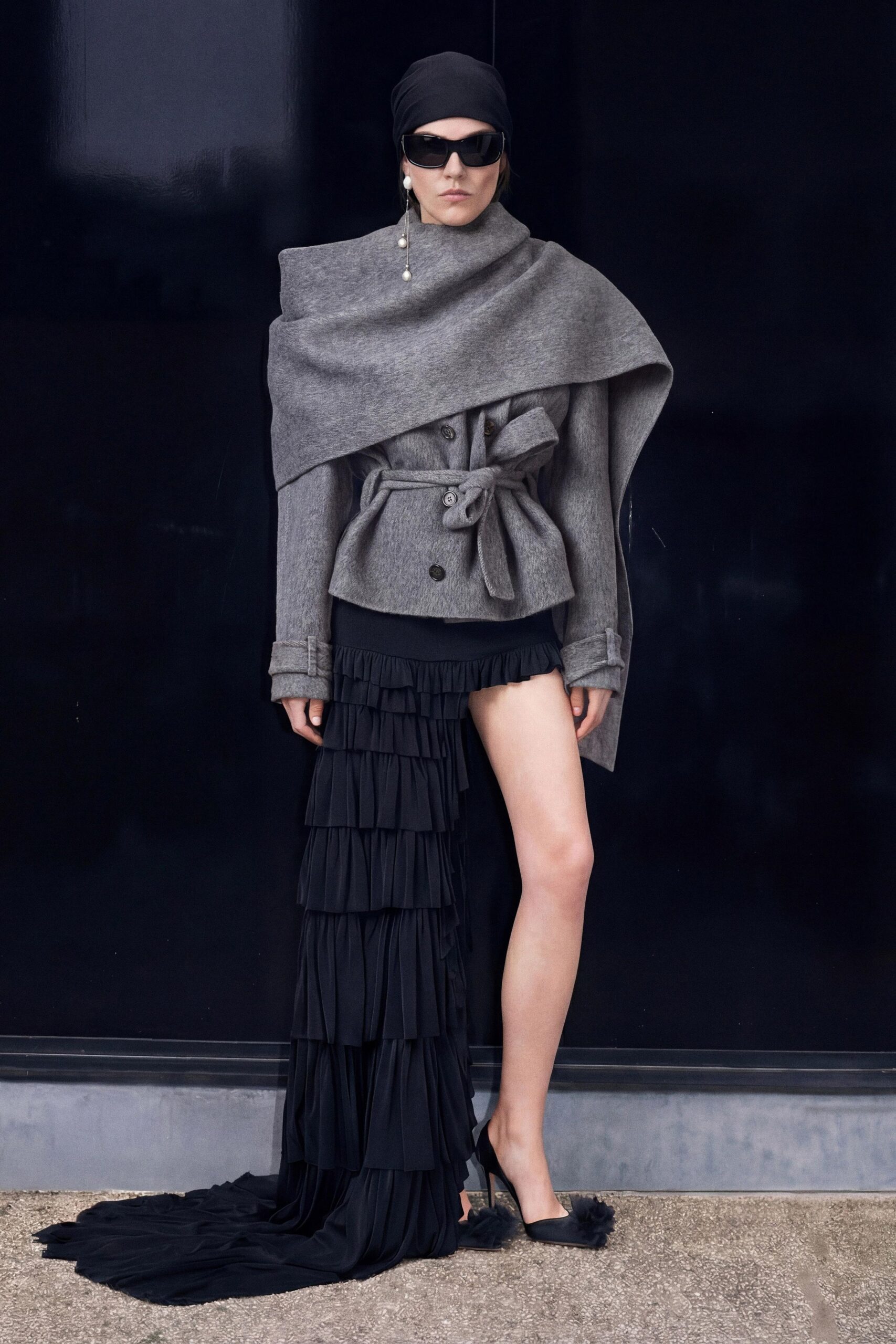 gray wool long-sleeve collared structured belted jacket