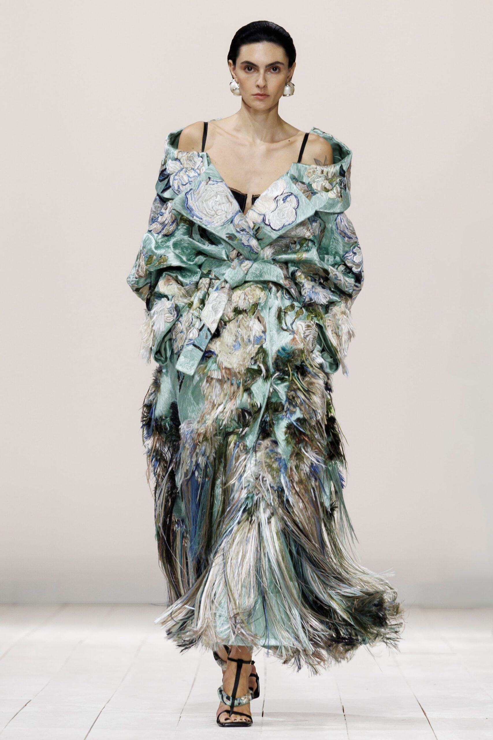 green silk sleeveless v-neck fitted ruffled layered gown