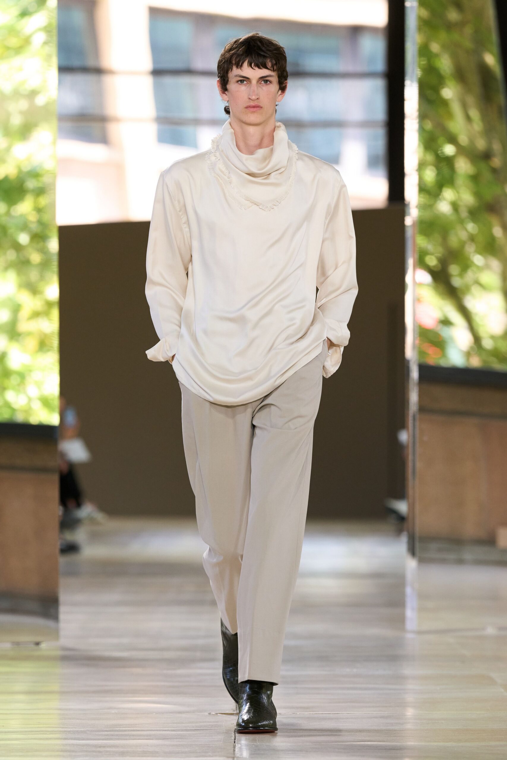 white silk long-sleeve high-neck relaxed draped shirt