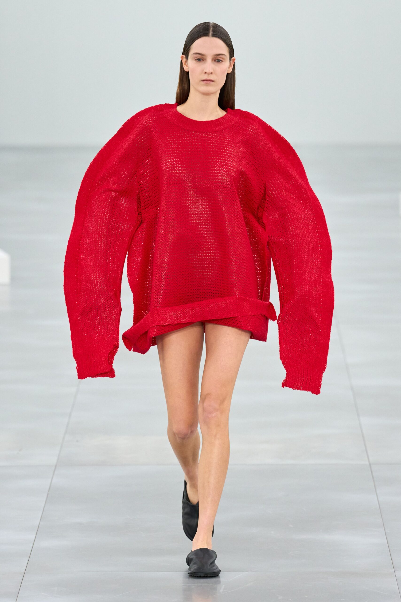 red cotton long-sleeve oversized textured cropped top