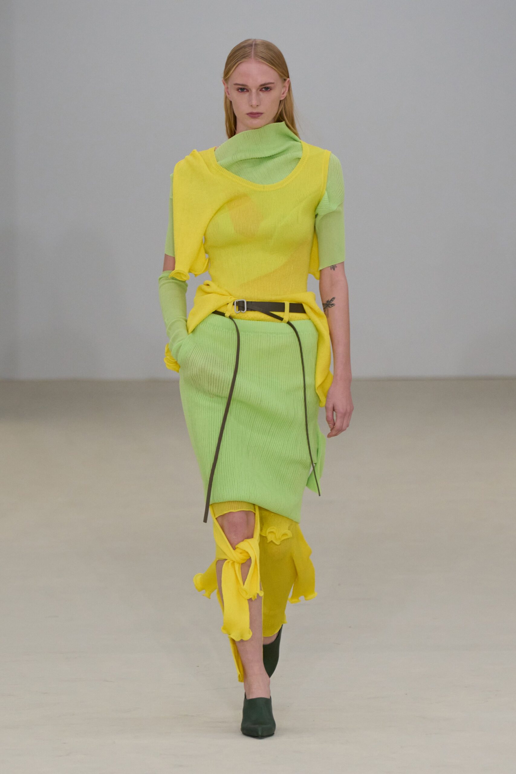 yellow green fitted midi dress