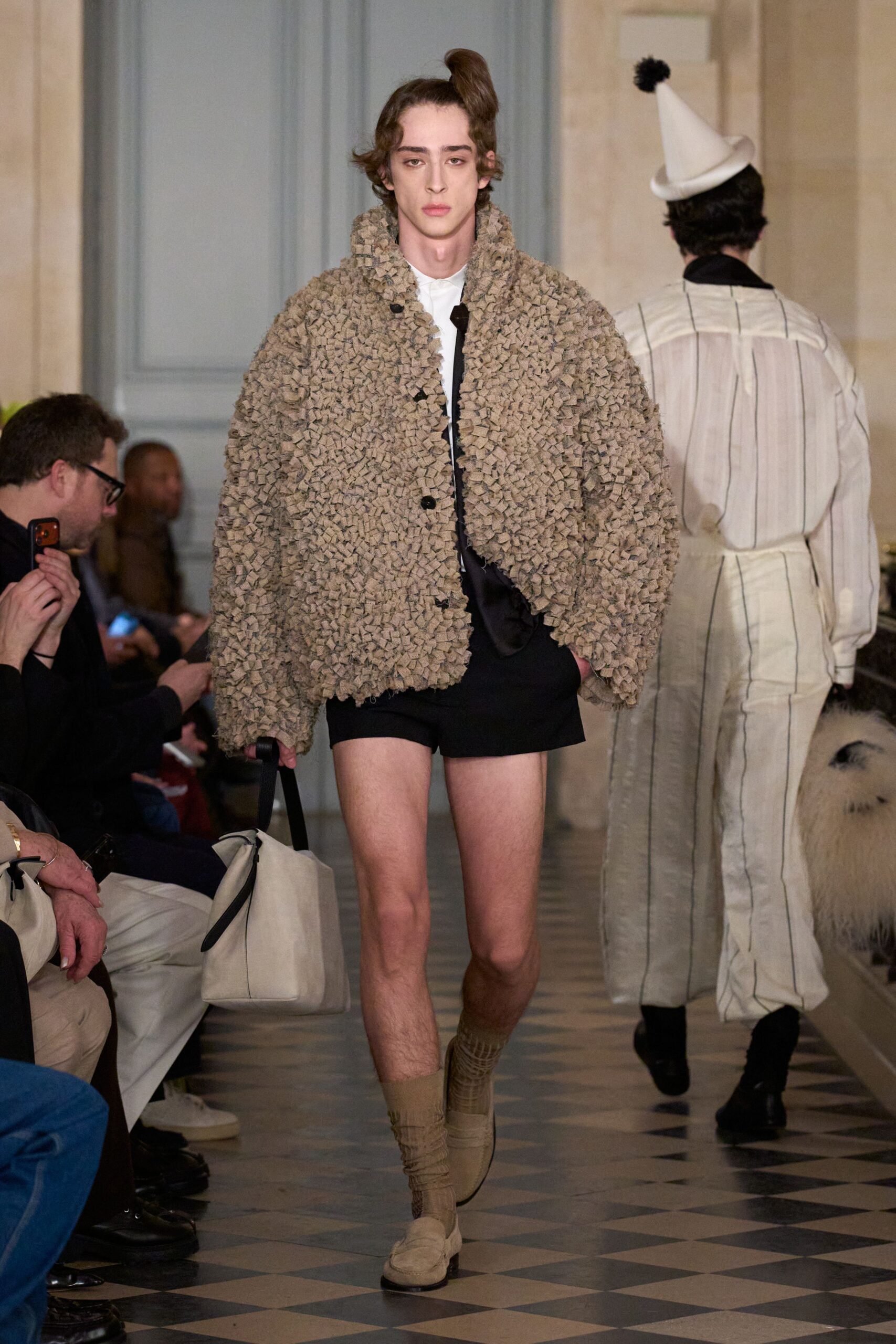 beige fur long-sleeve collared oversized textured jacket
