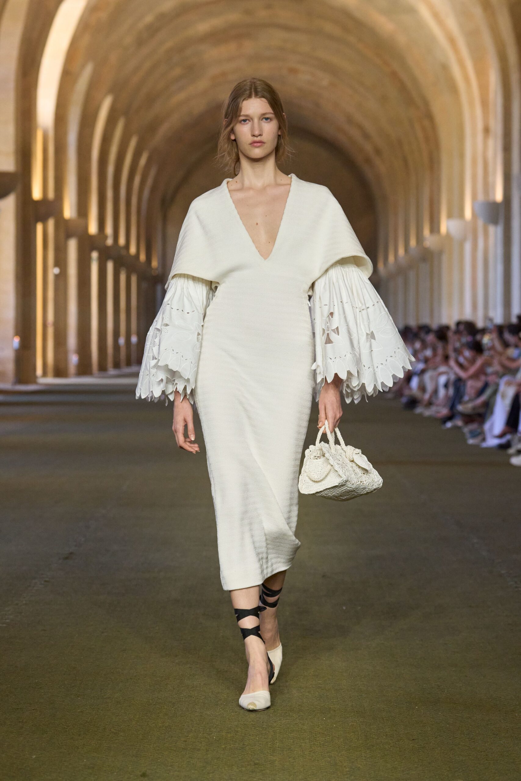 white cotton long-sleeve v-neck fitted embroidered midi dress