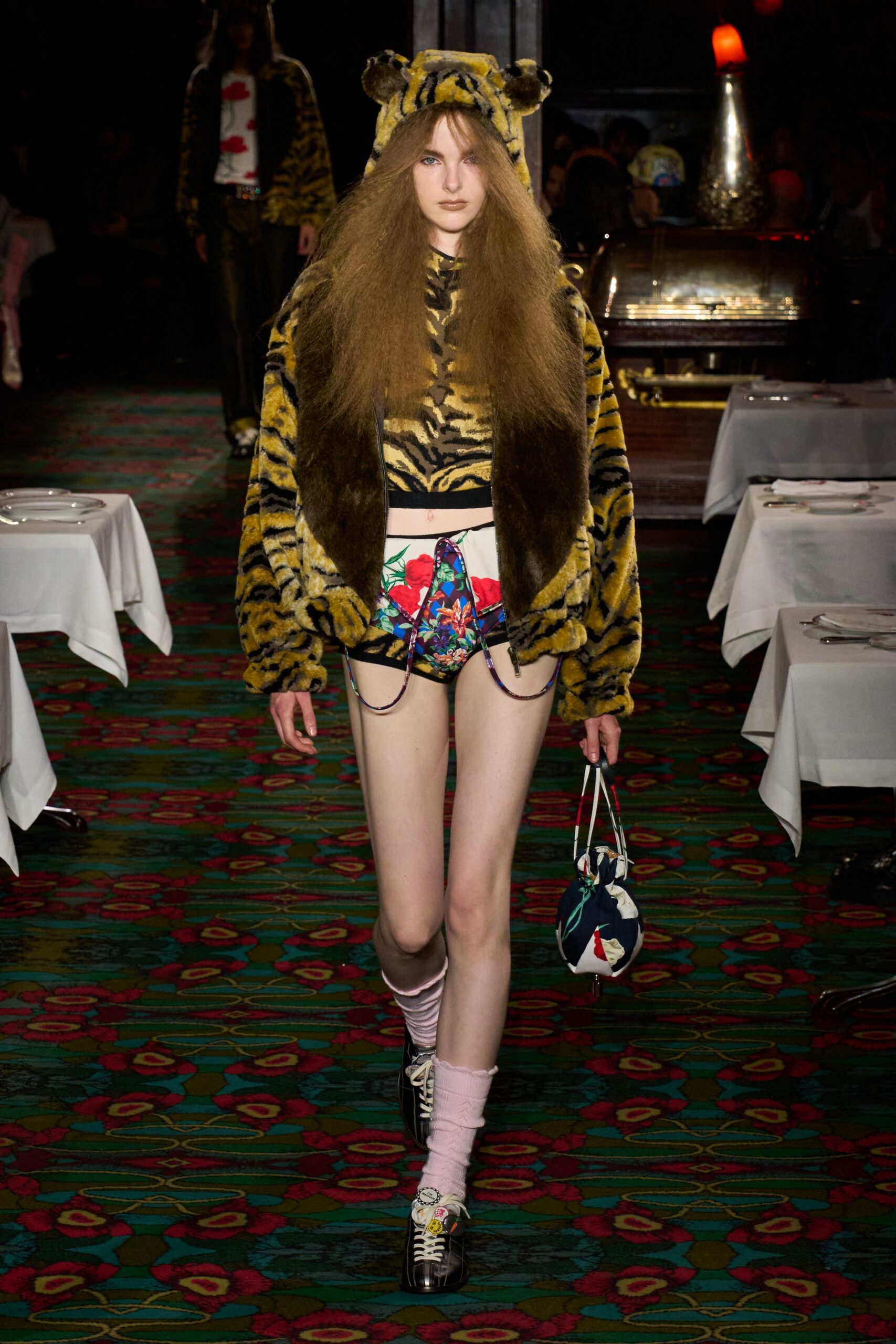 yellow fur long-sleeve hooded oversized animal-print jacket
