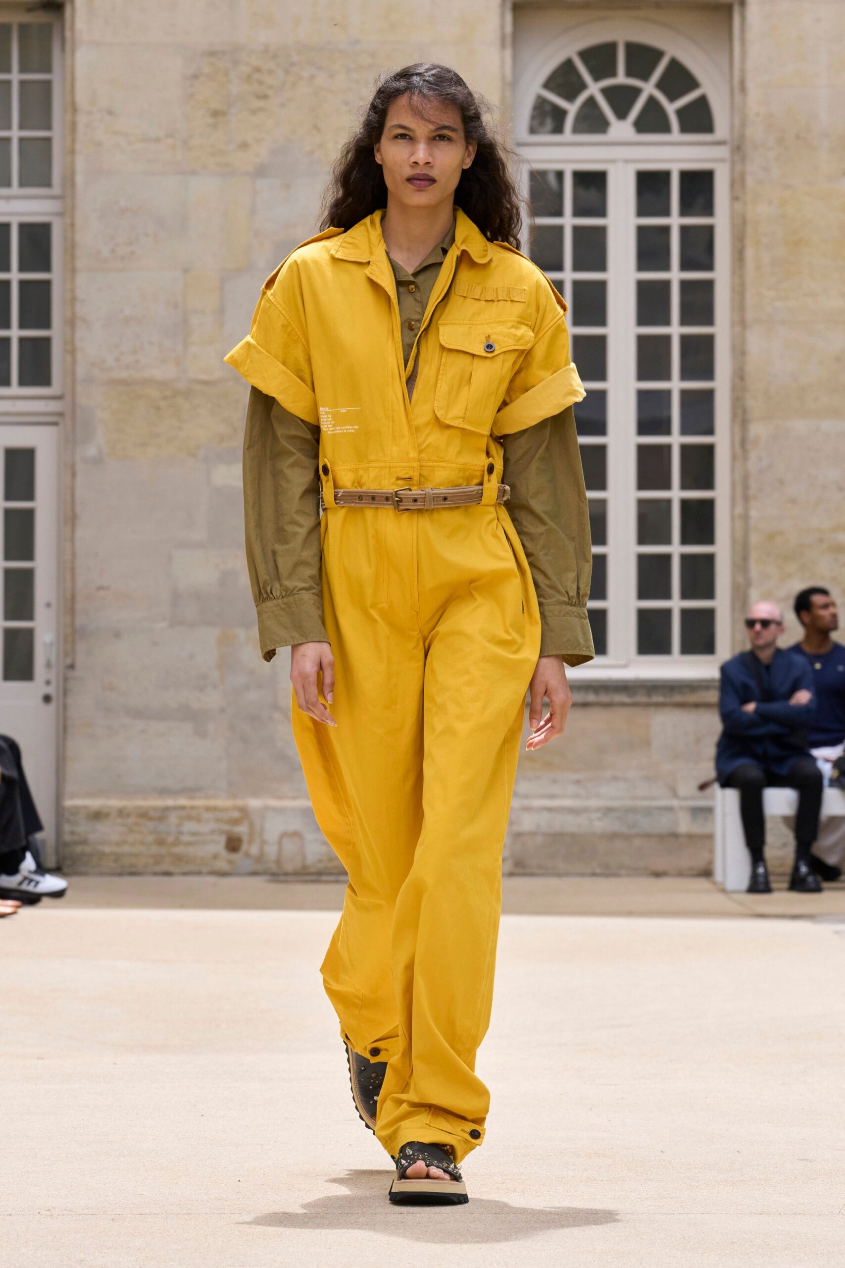 yellow cotton short-sleeve collared relaxed zippered pockets jumpsuit