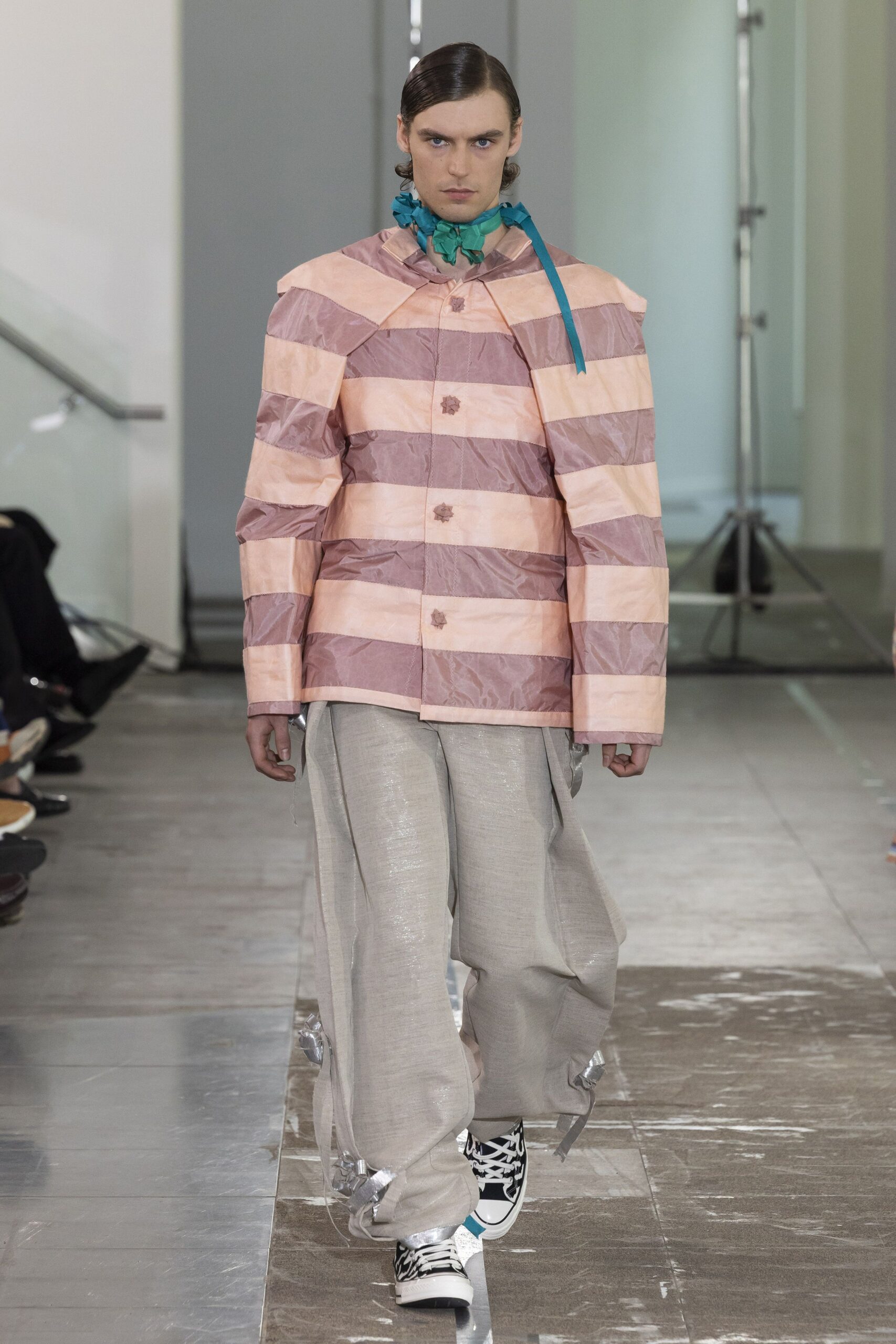 pink cotton long-sleeve collared relaxed striped buttoned jacket