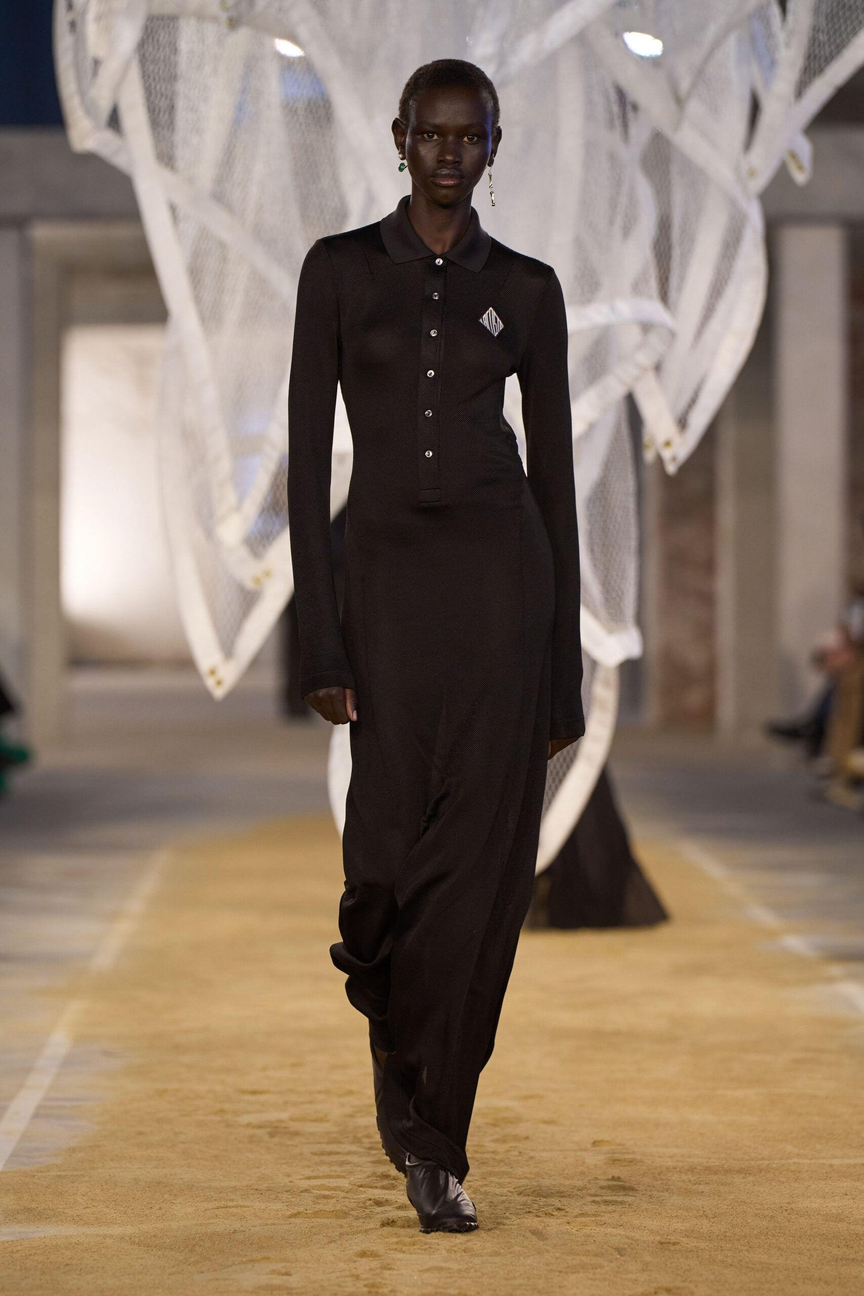 black silk long-sleeve collared fitted buttoned straight-leg dress