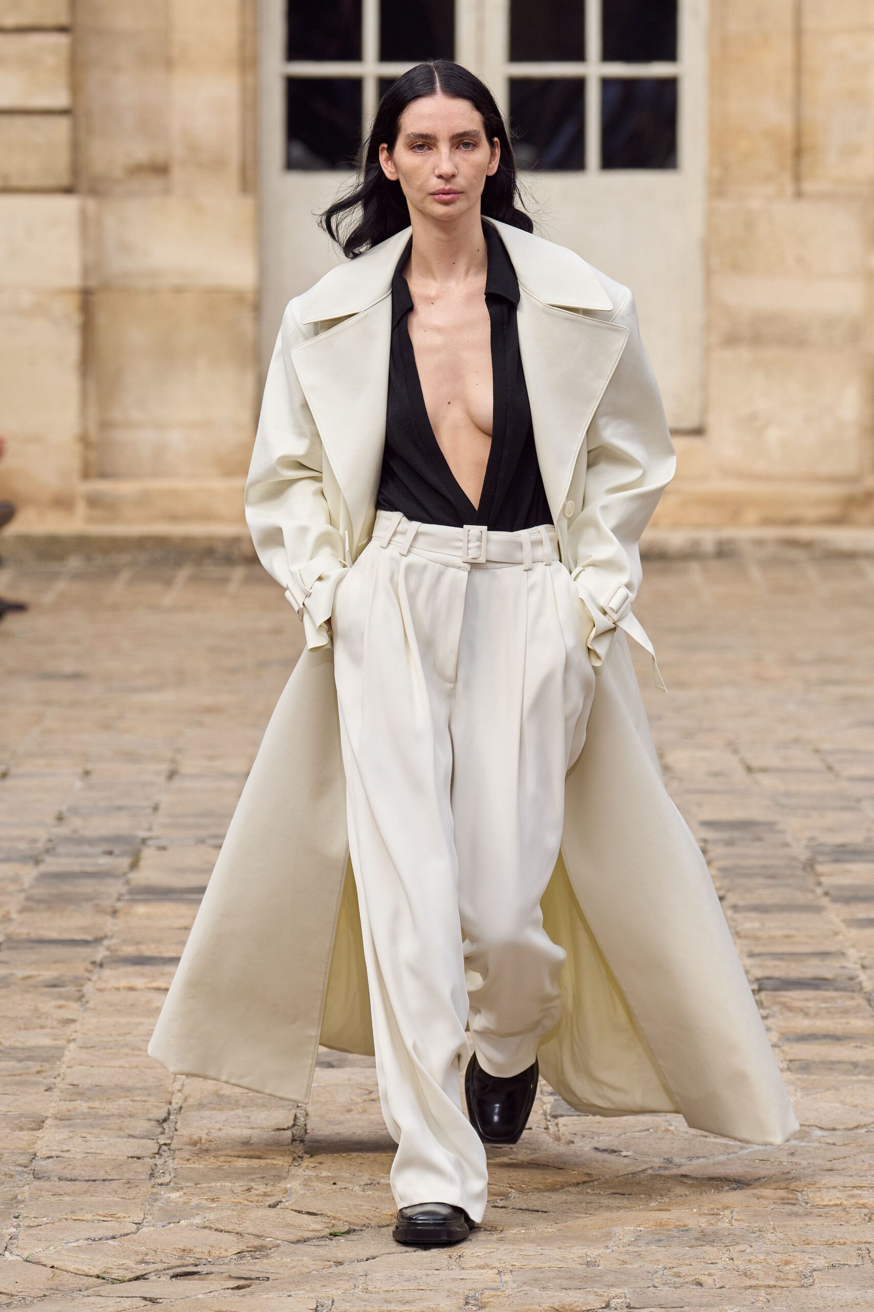 white leather long-sleeve collared relaxed belted coat