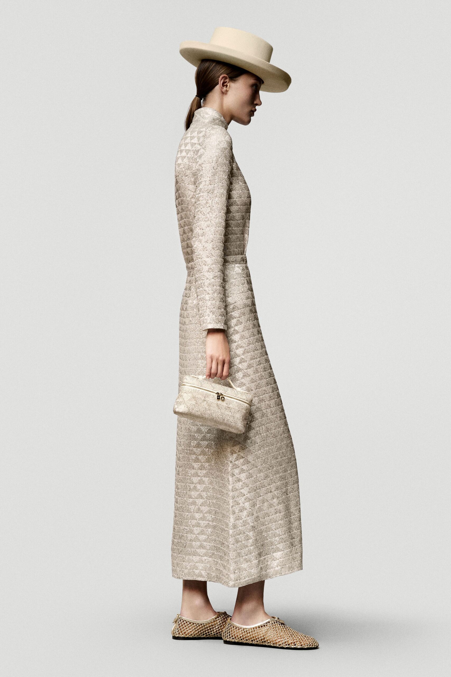beige silk long-sleeve collared fitted embroidered tiered gown