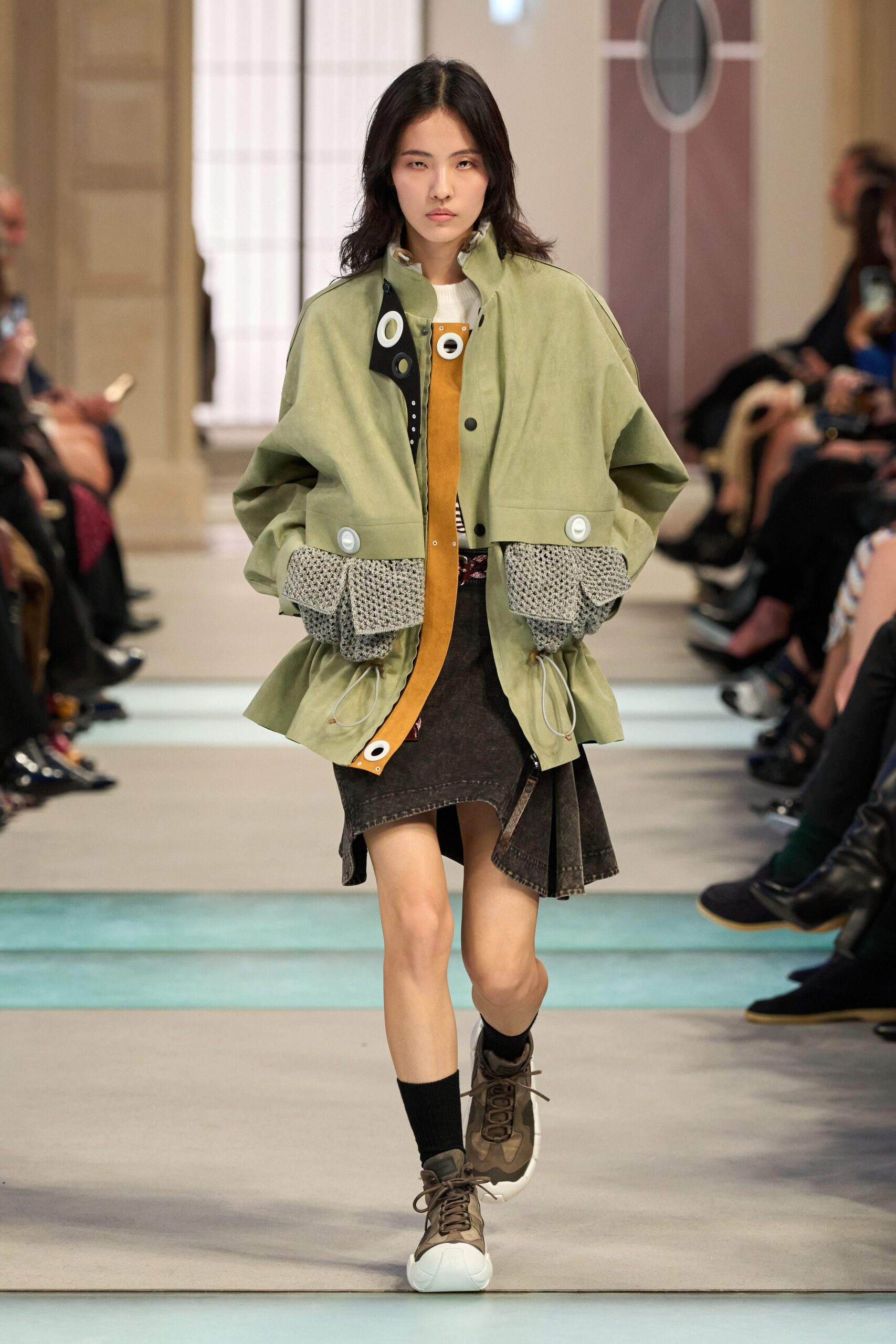 oversized green jacket with black skirt