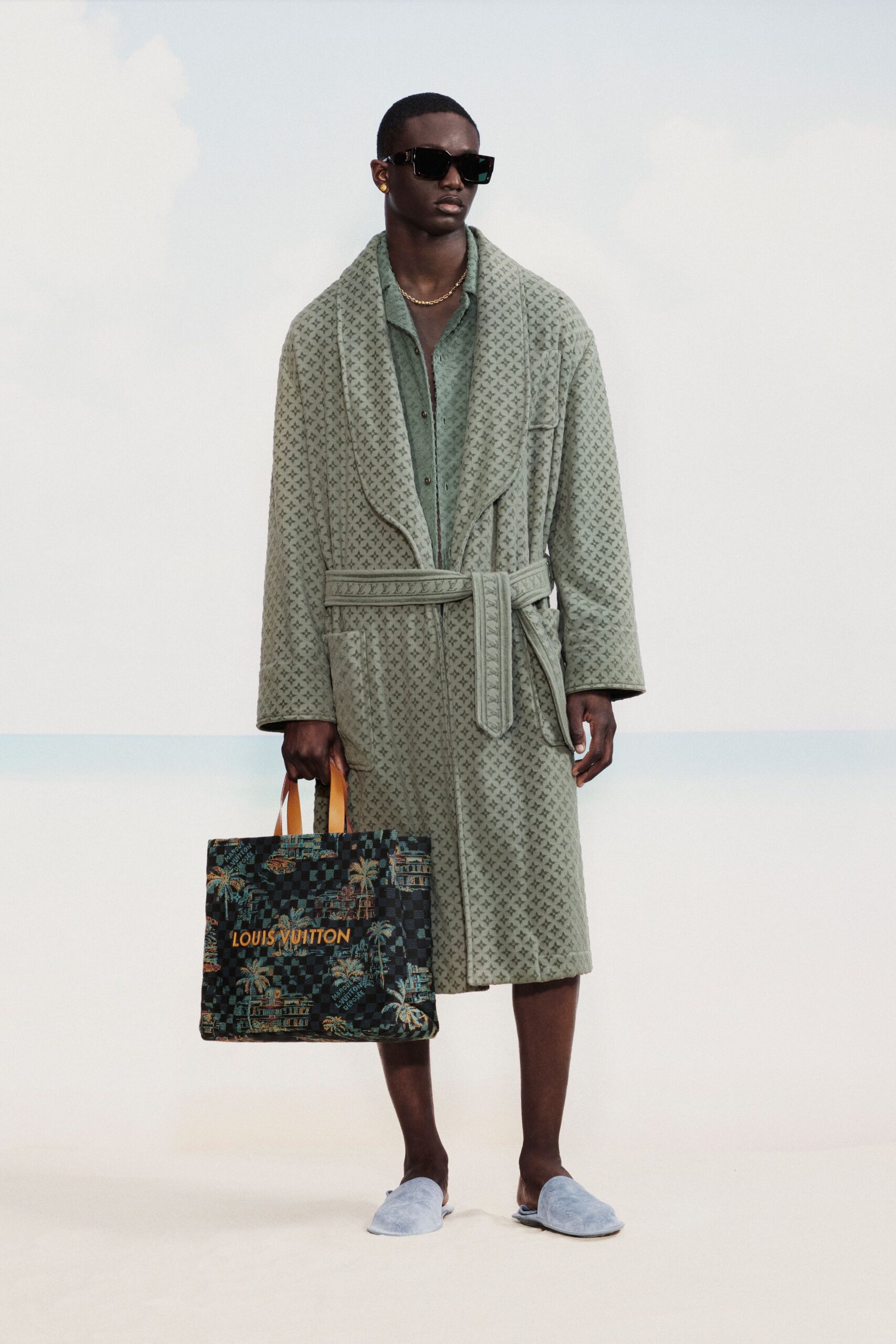 green cotton long-sleeve collared relaxed embroidered midi coat