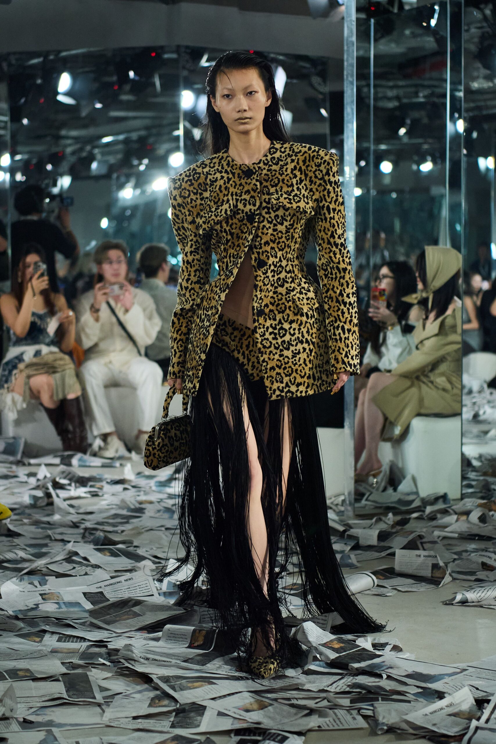 animal-print blazer and mini skirt