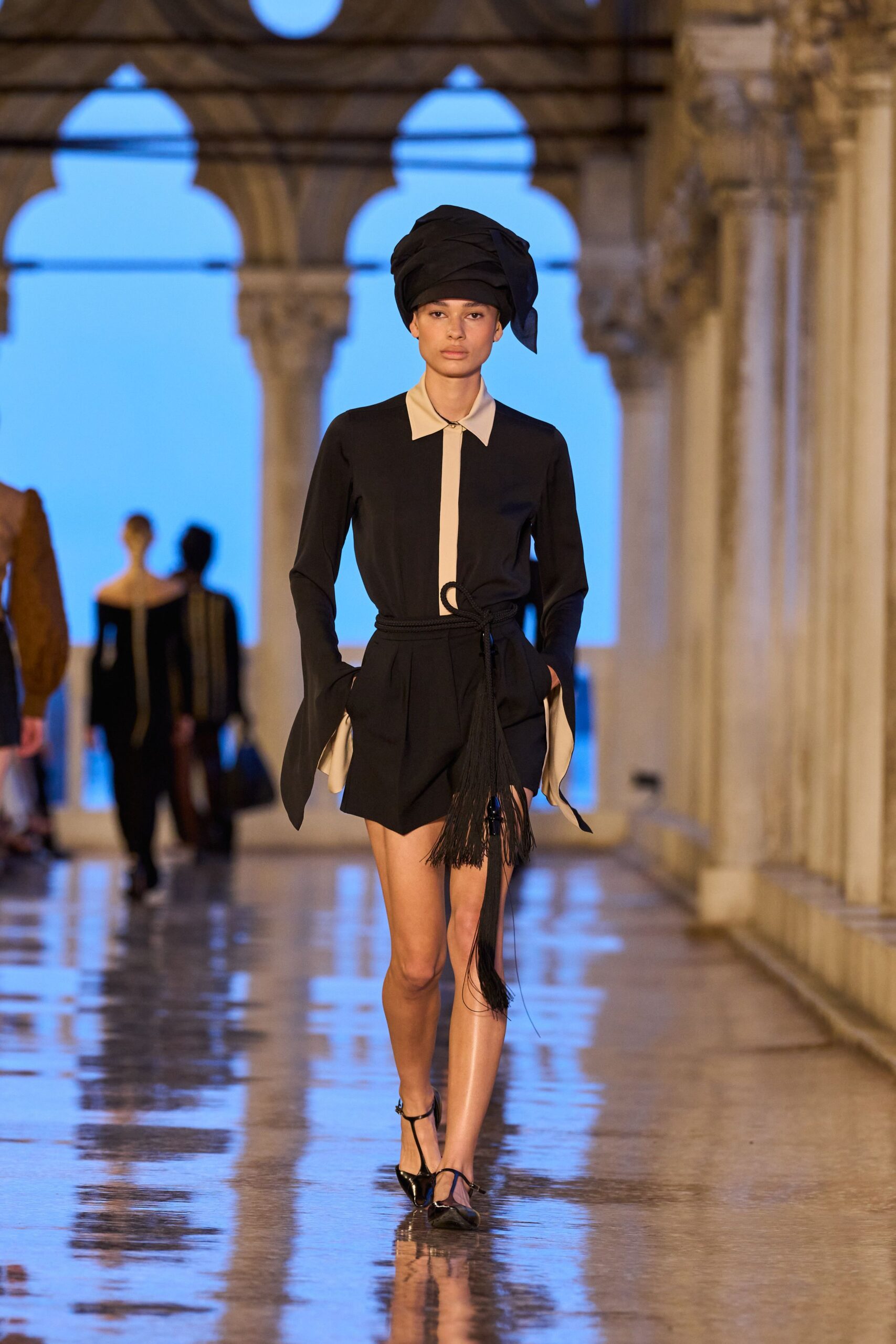black silk blouse and shorts