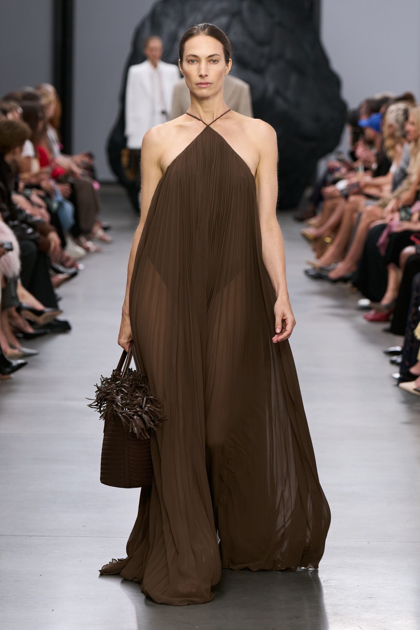 brown pleated halter gown with bag