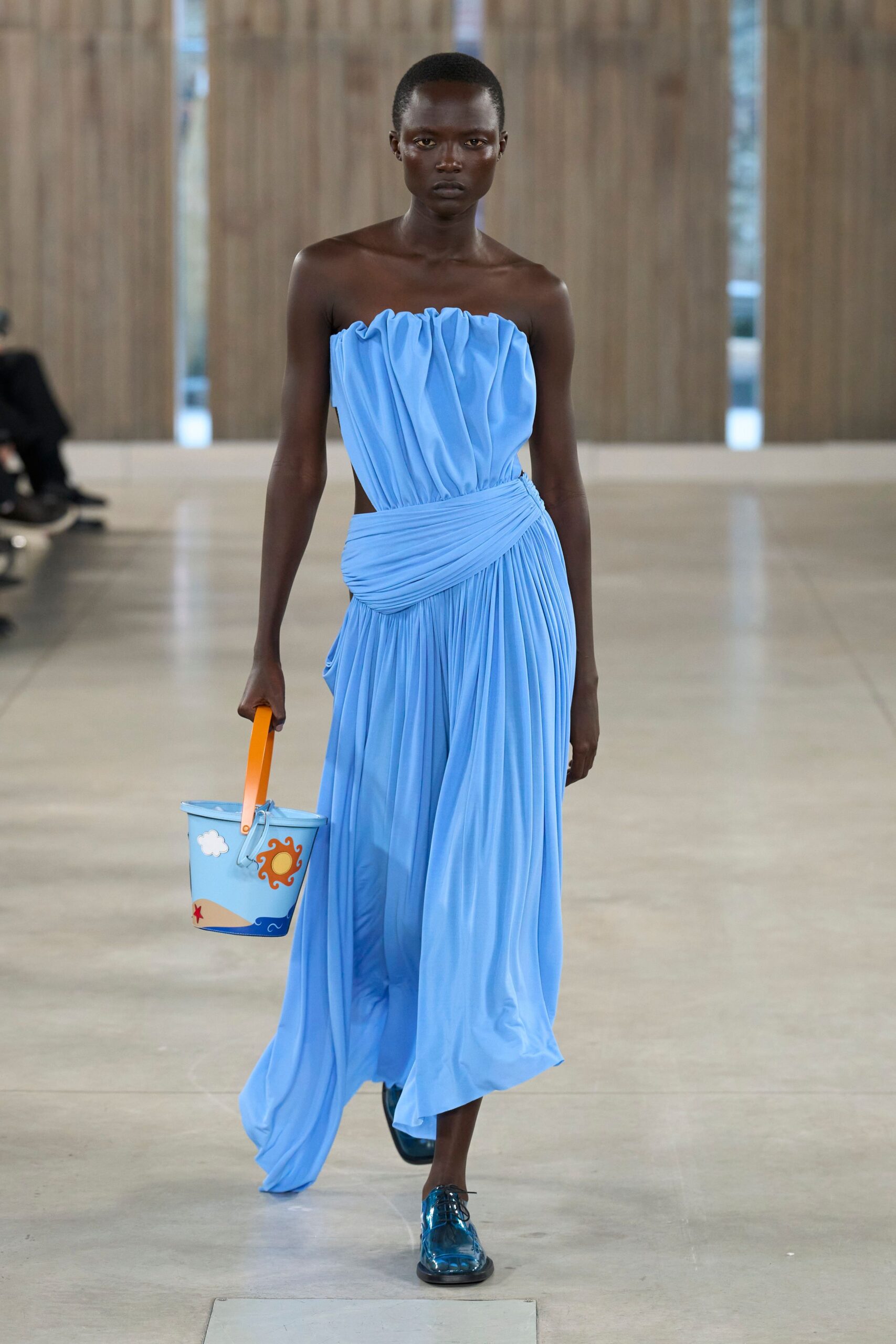 blue silk strapless fitted draped flowing maxi gown