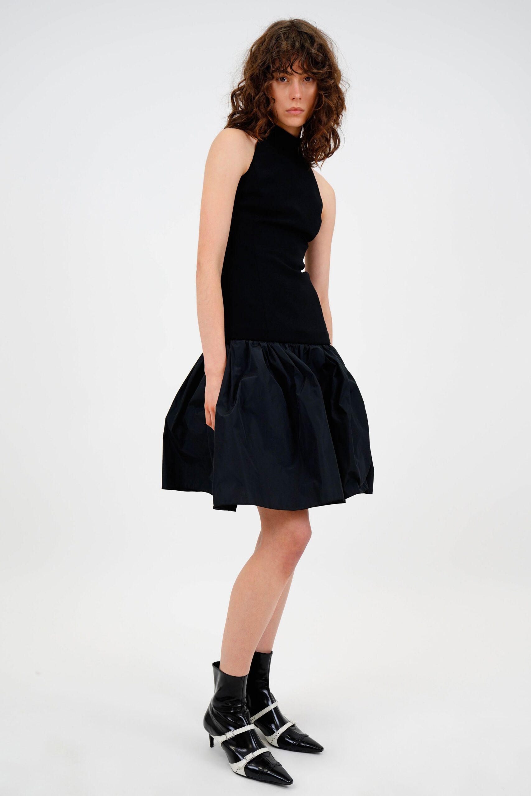 black cotton sleeveless high-neck fitted pleated mini dress