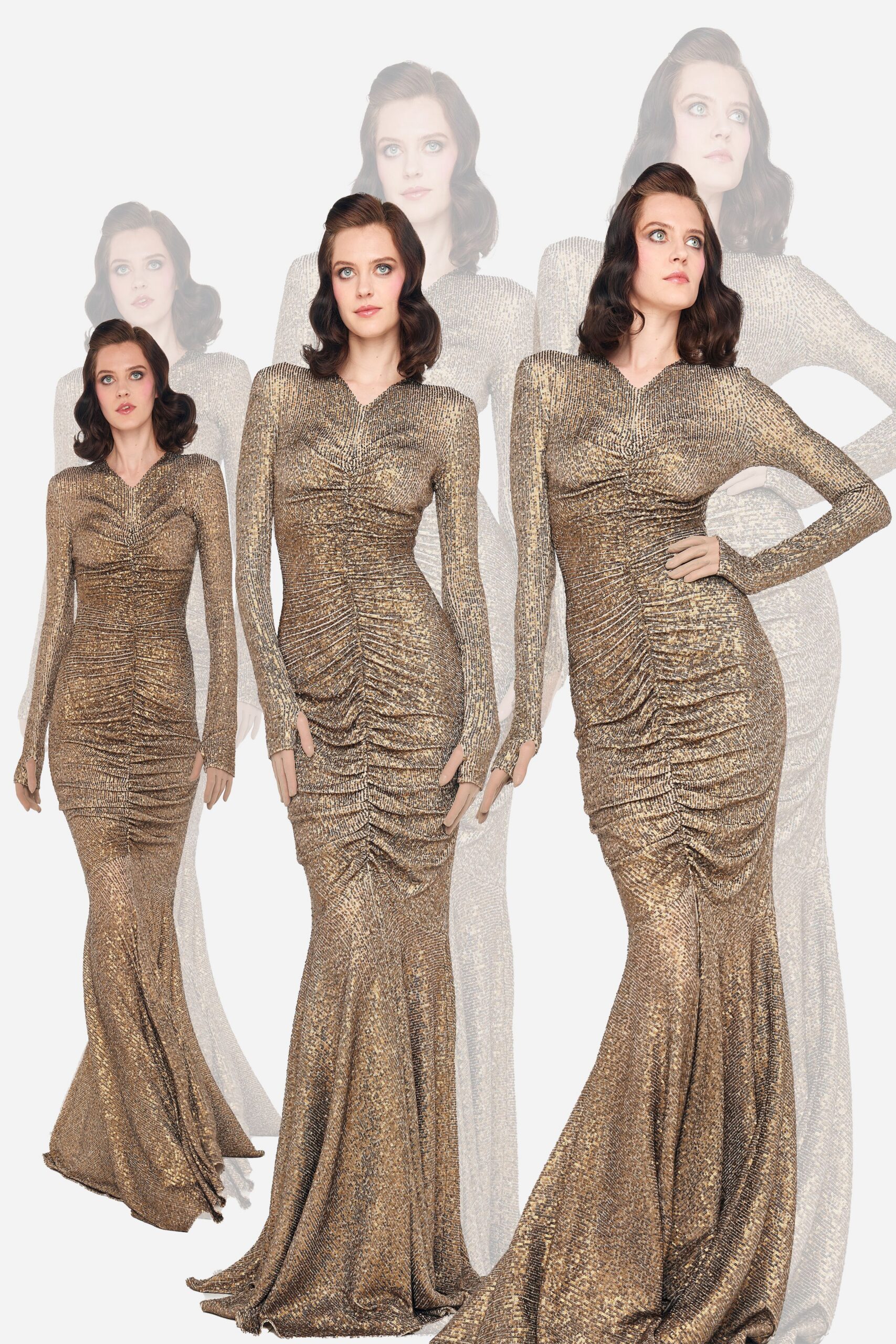gold metallic long-sleeve gown