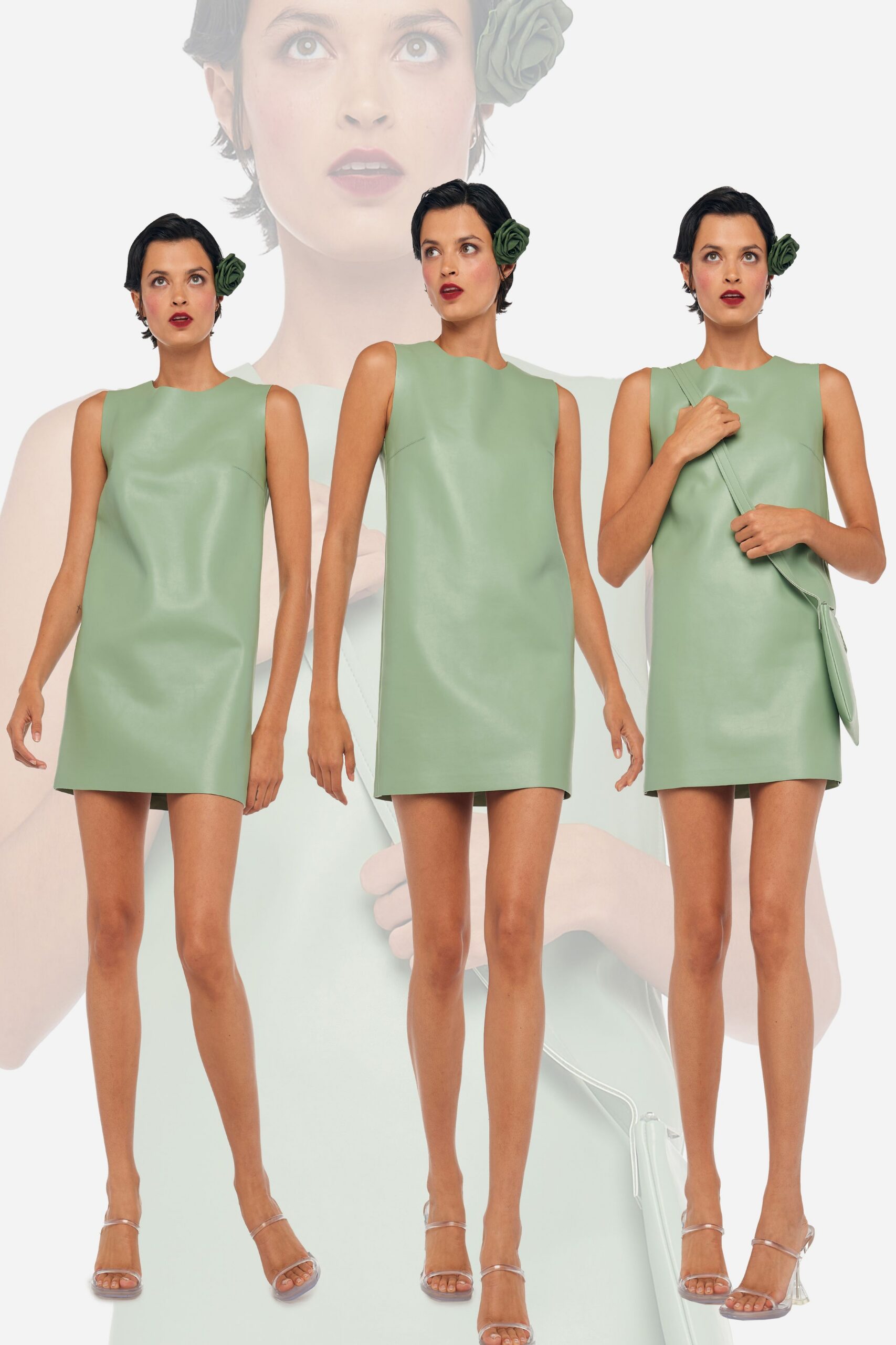 green leather sleeveless high-neck fitted straight-leg mini dress
