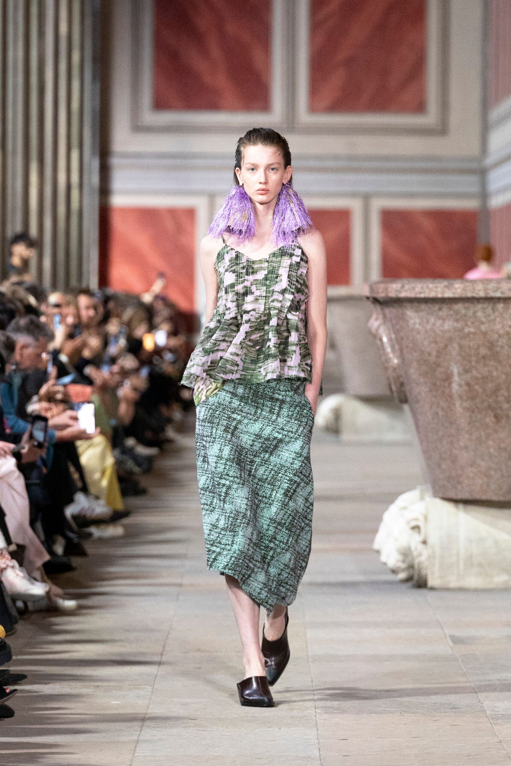 green printed sleeveless top and midi skirt