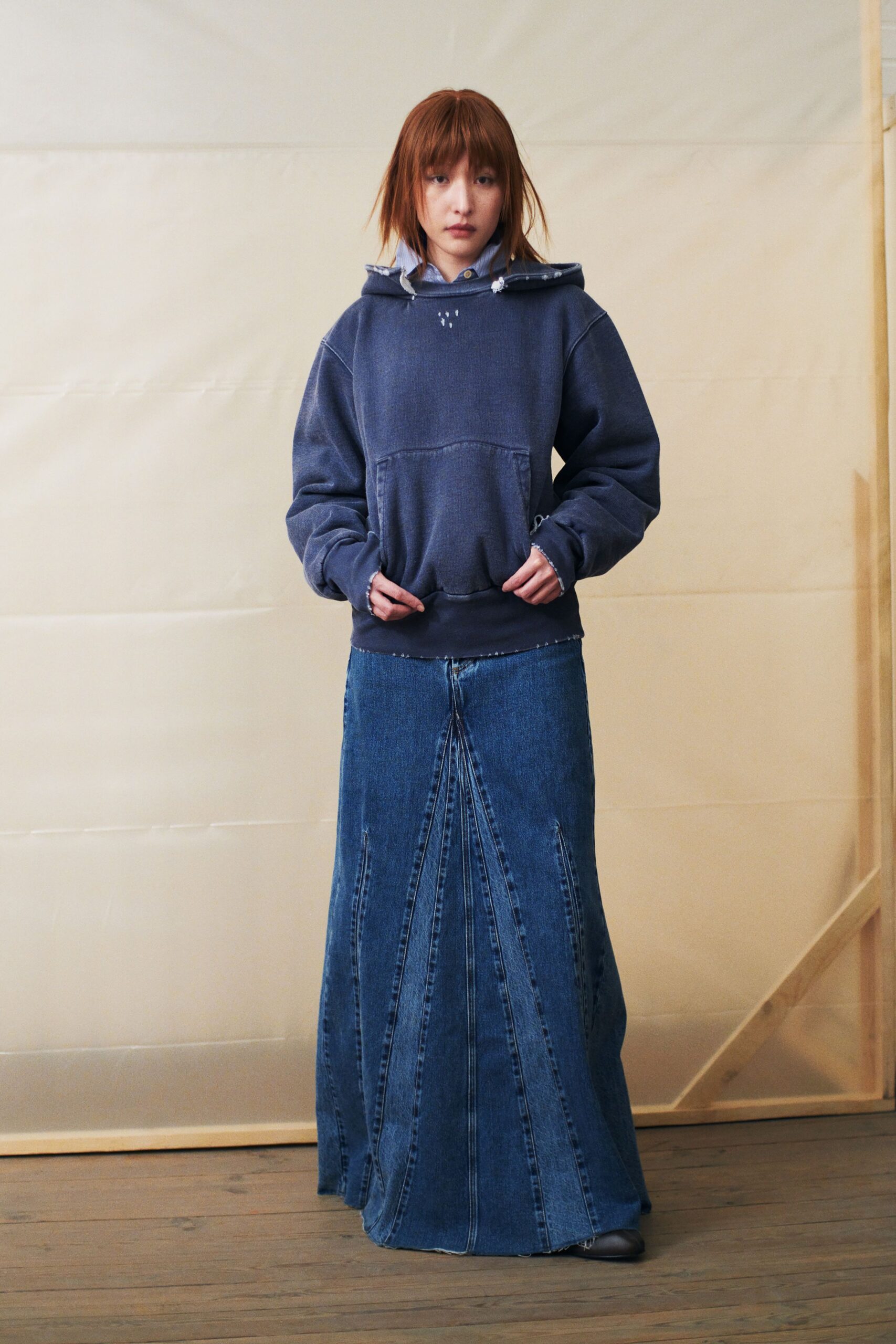 blue denim fitted pleated maxi skirt