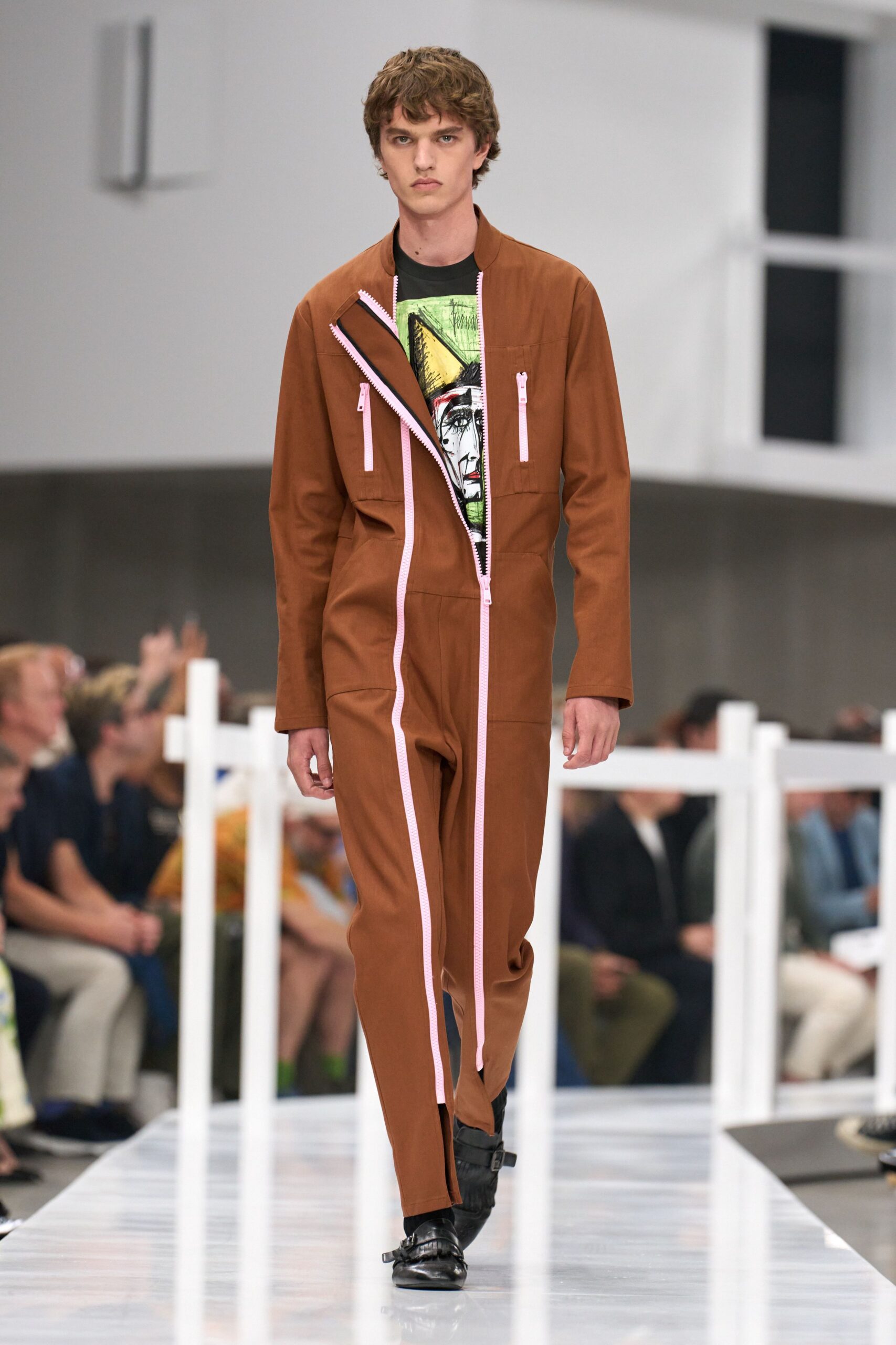 brown cotton long-sleeve collared fitted zippered jumpsuit