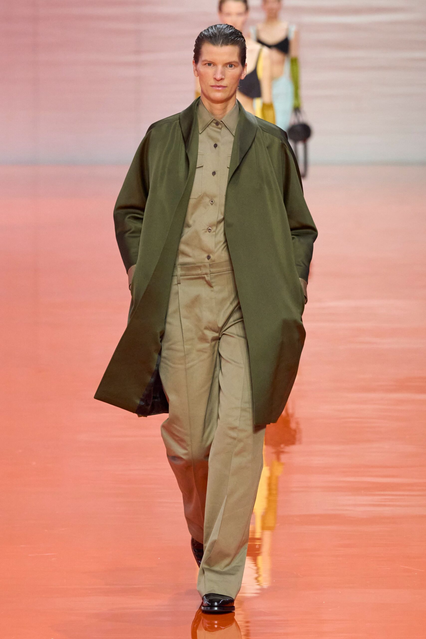 green silk coat beige shirt tailored pants