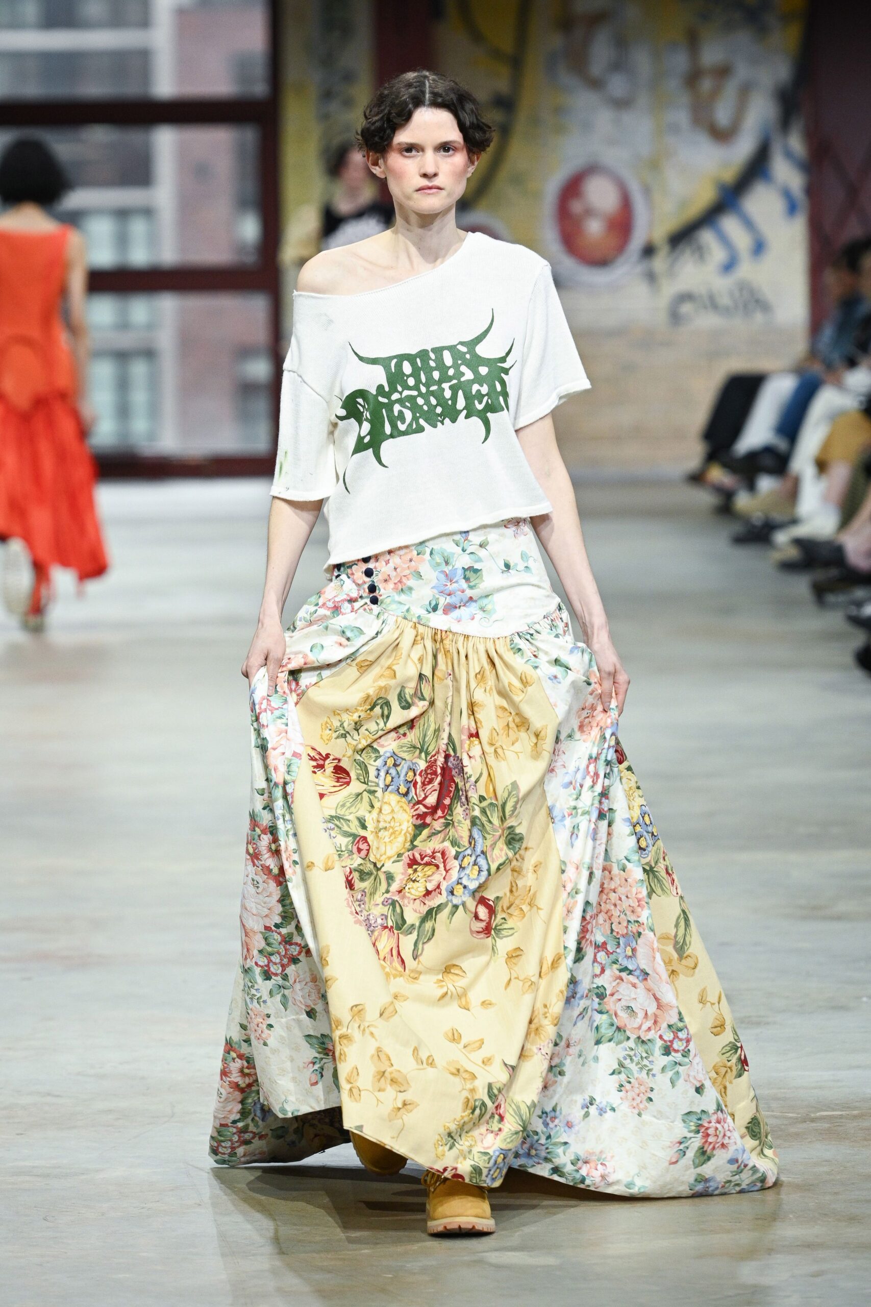 yellow cotton fitted floral tiered maxi skirt
