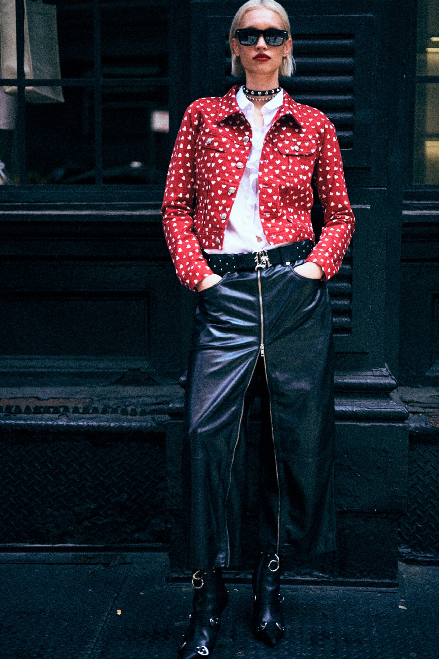 red cotton long-sleeve collared fitted polka-dot jacket