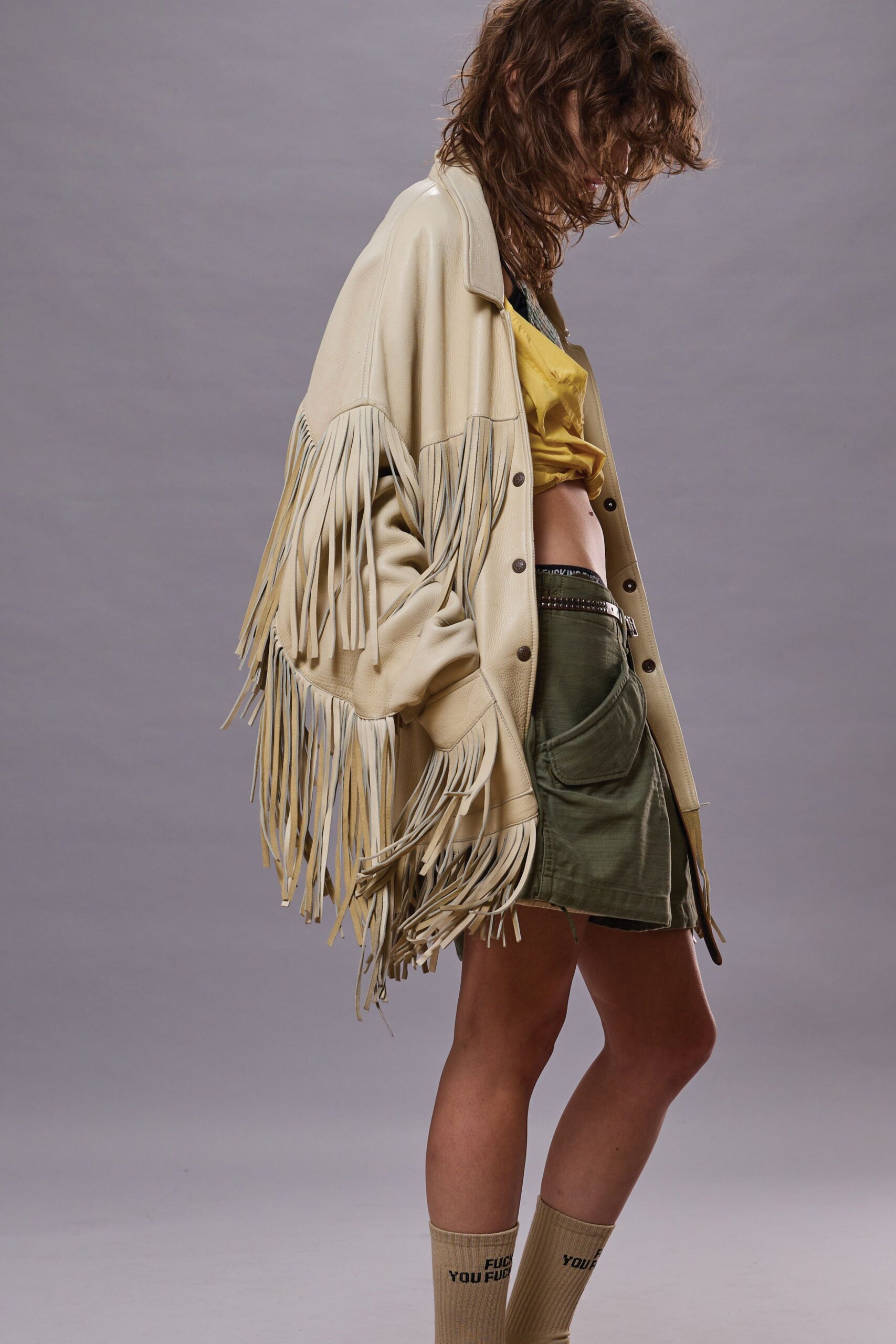 beige leather long-sleeve relaxed fringed jacket