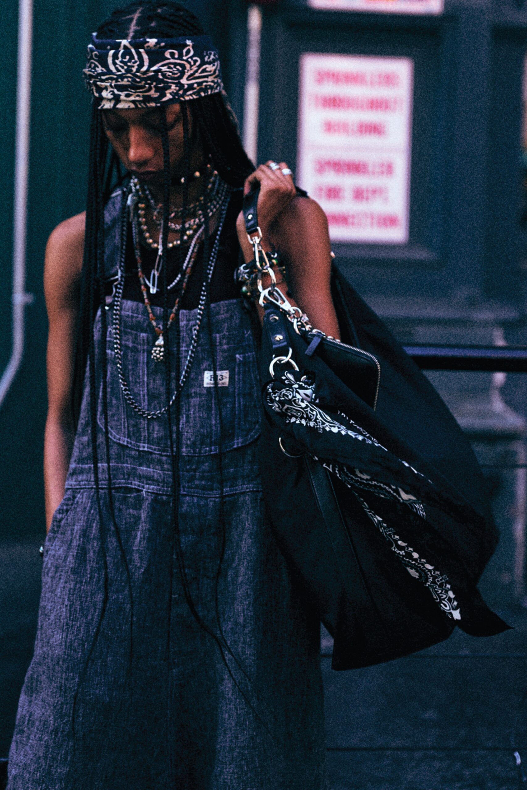 blue denim overalls with bag