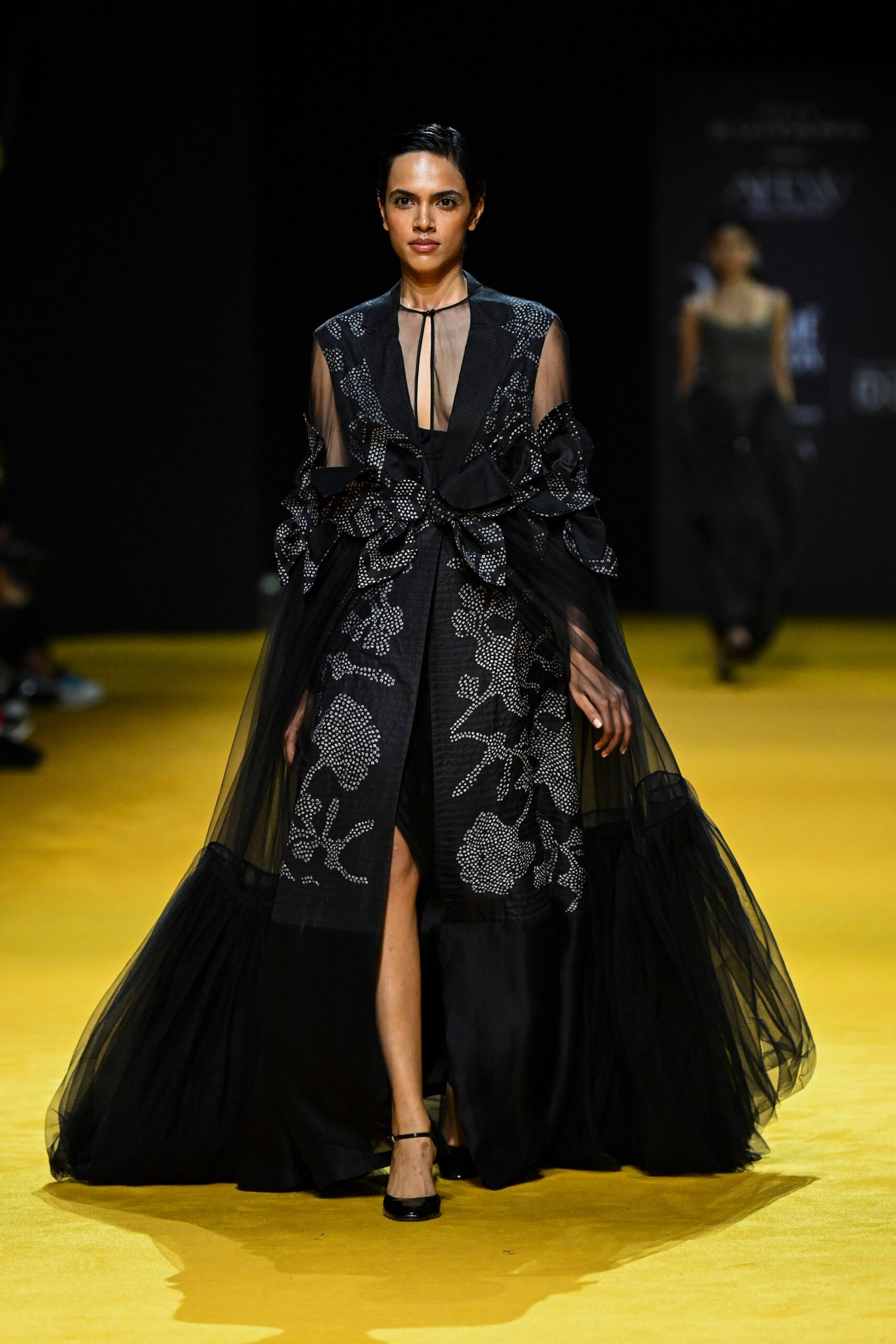 black embroidered tulle gown