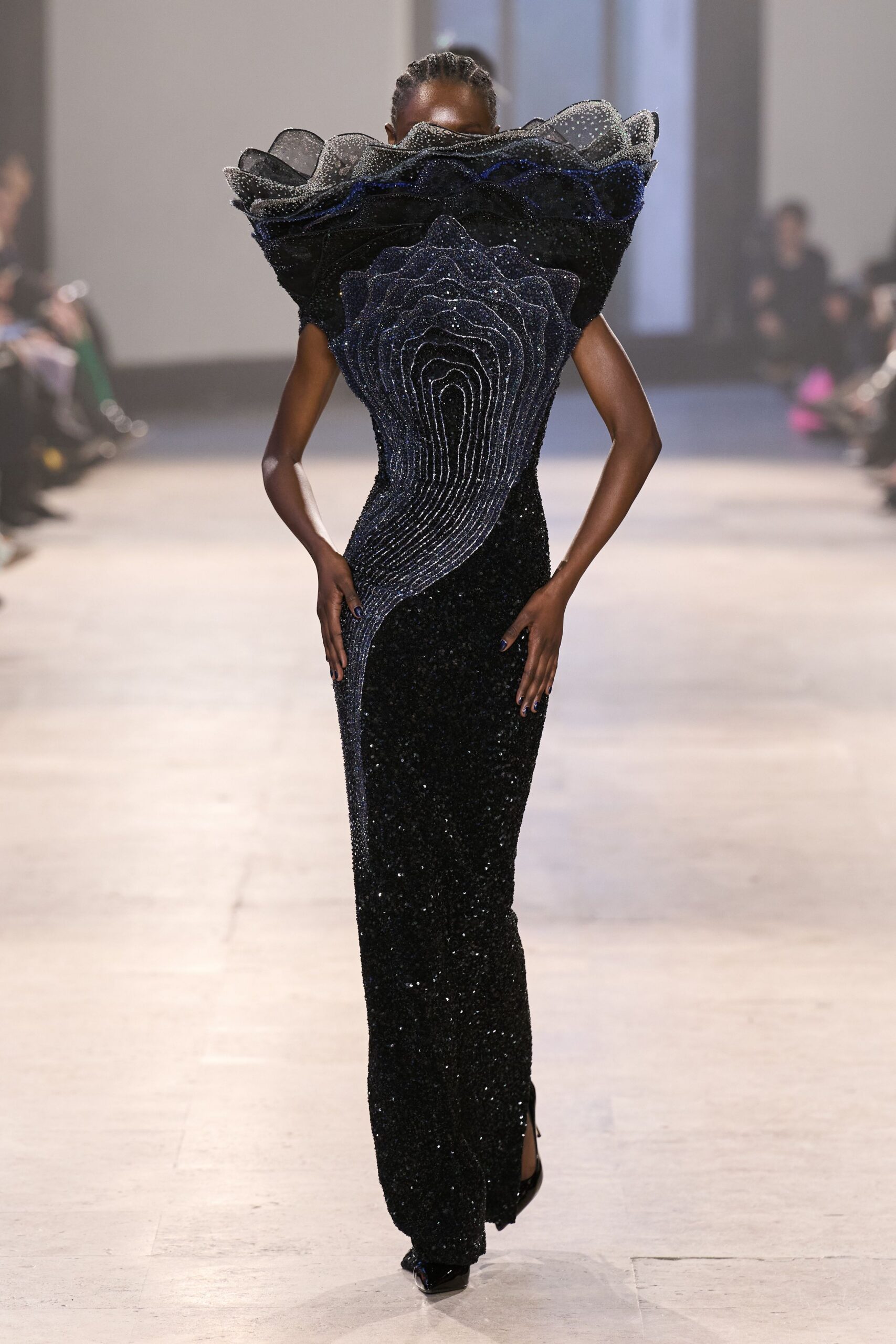 black and blue embellished gown