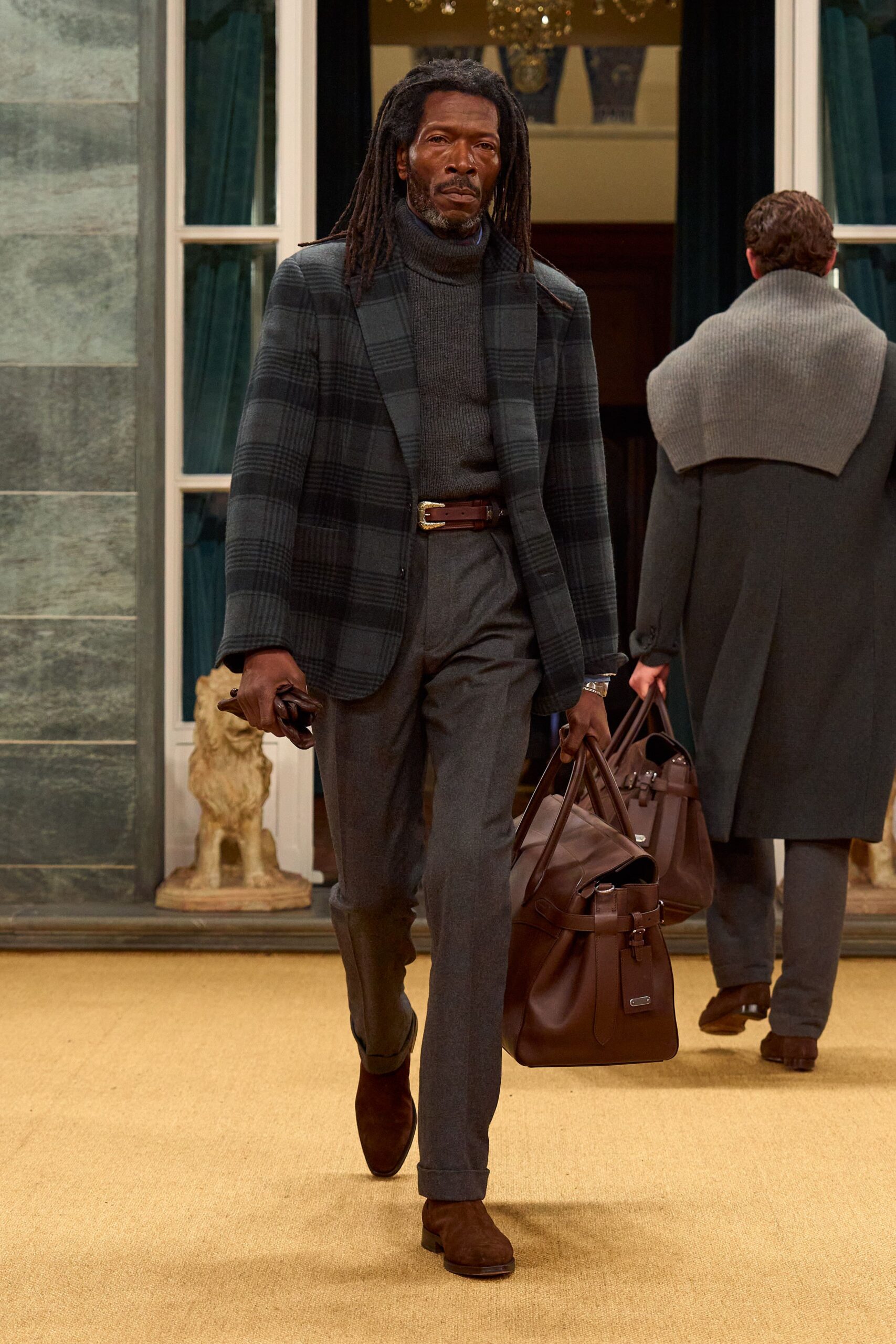 tailored gray blazer with turtleneck