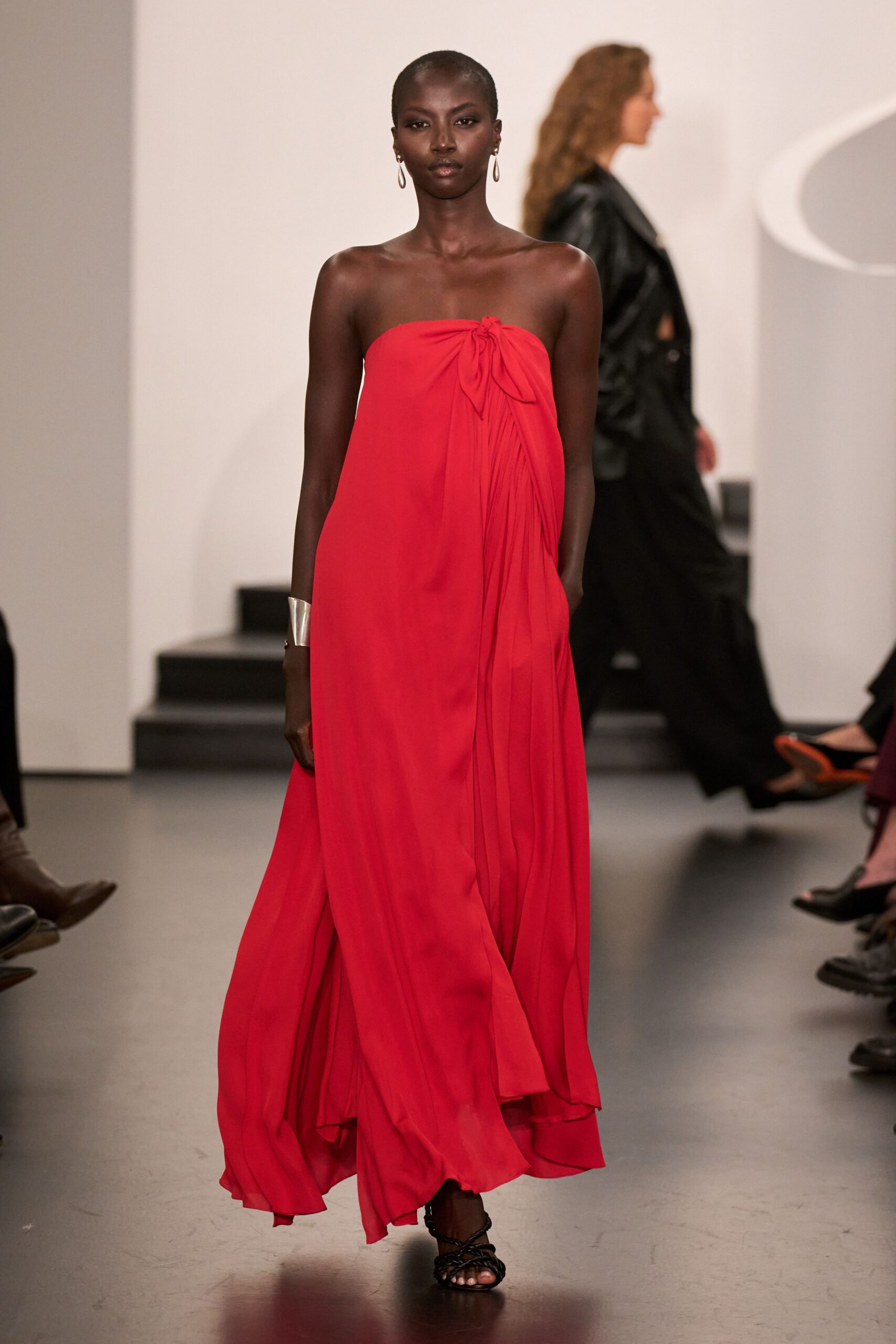 red chiffon strapless fitted draped flowing maxi gown