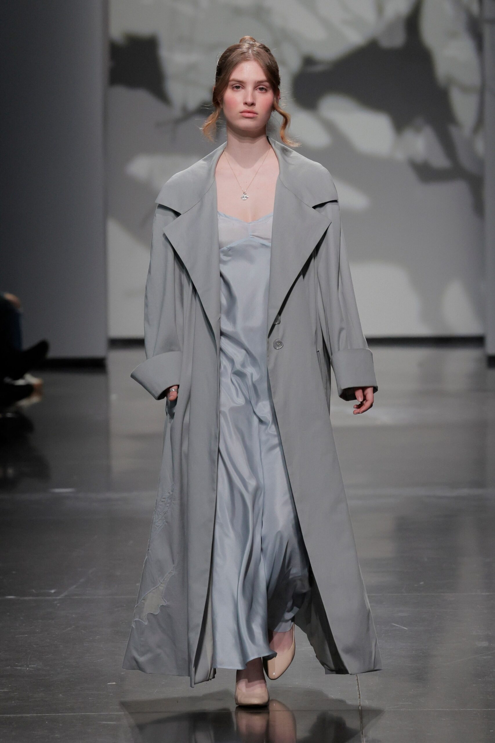 gray coat blue dress beige shoes