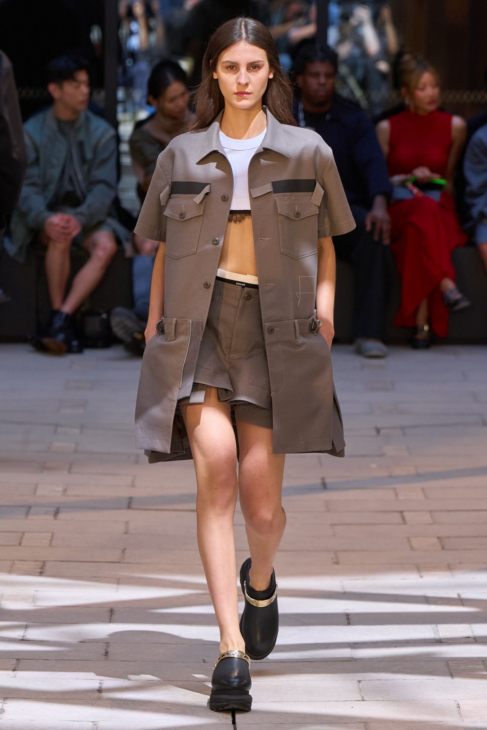 gray cotton short-sleeve collared relaxed buttoned pockets shirt