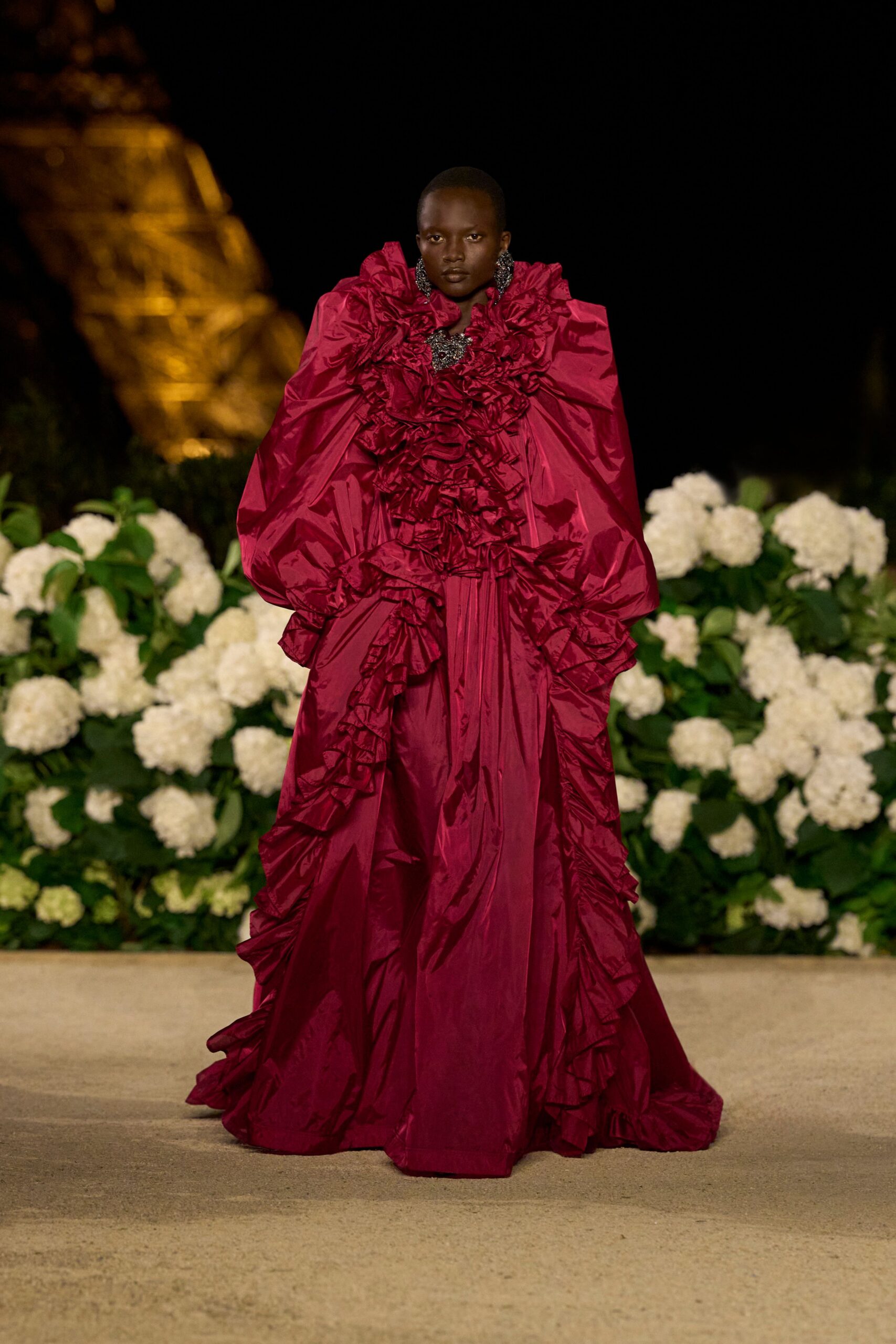 red silk ruffled gown