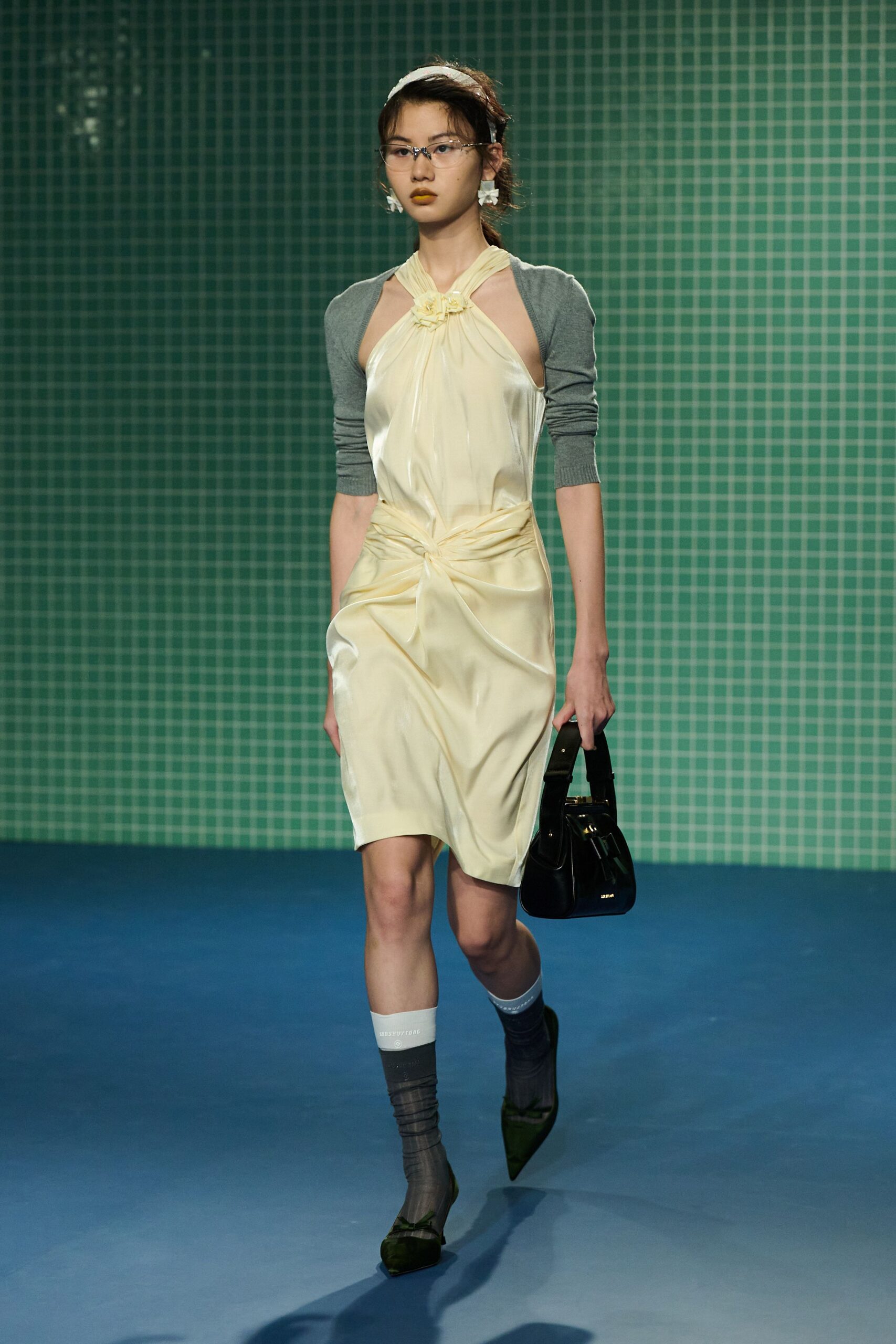 yellow silk fitted dress with cardigan